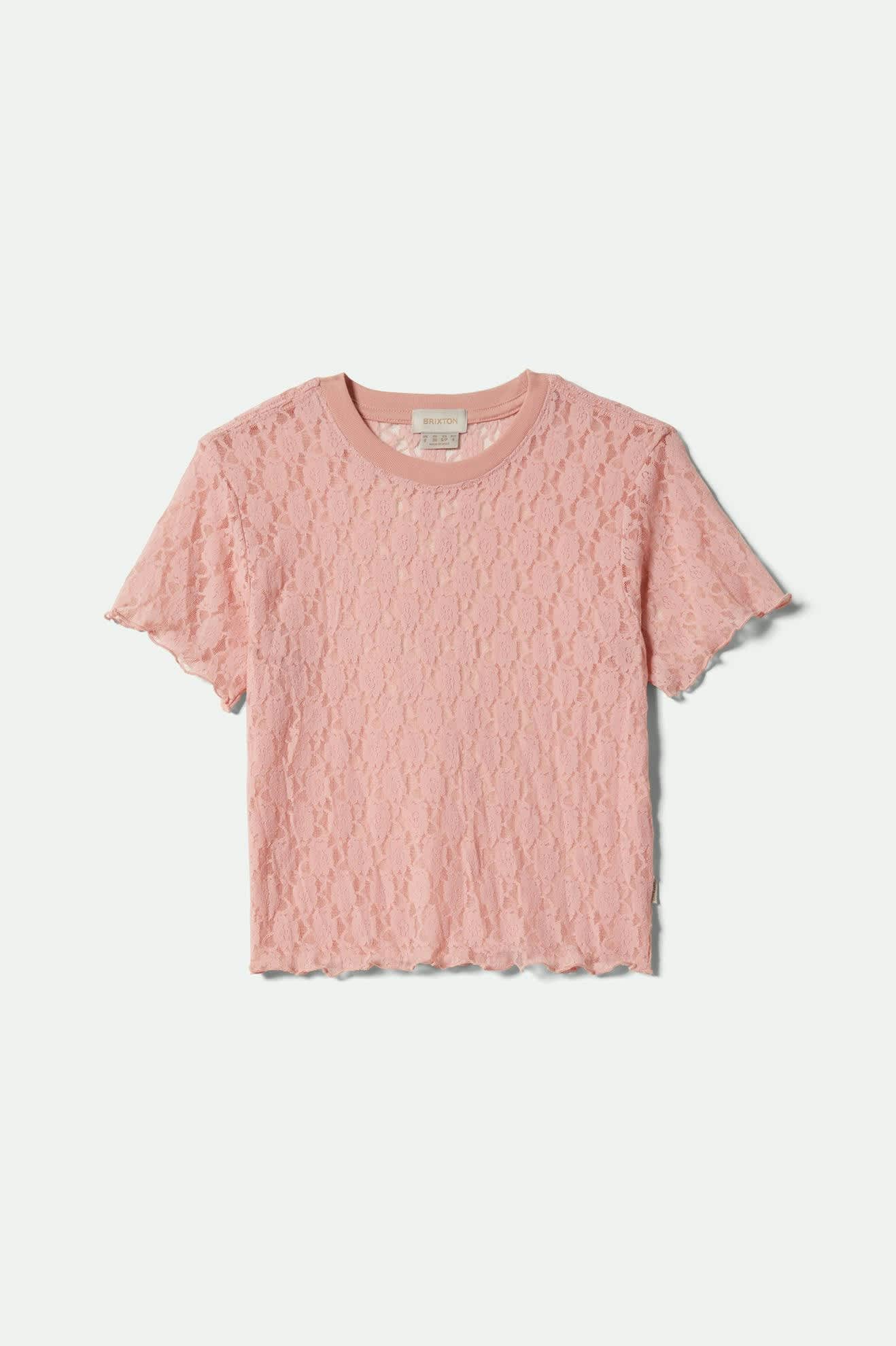 Women's Sheer Slim Lace S/S Top in the color Mellow Rose - Front Product View