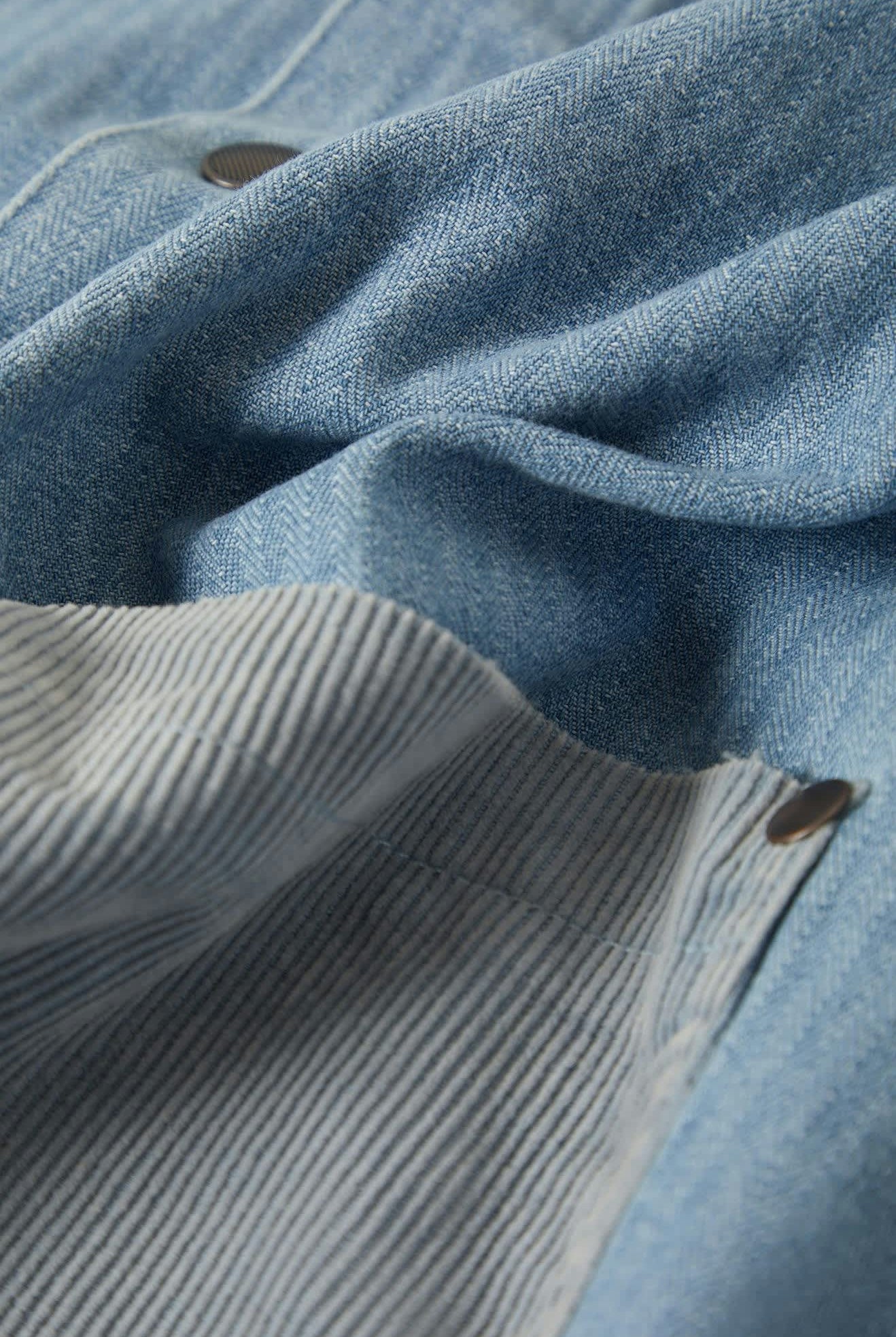 Men's Herringbone Lightweight Chore Coat in the color Light Wash Denim Herringbone - Additional Laydown image