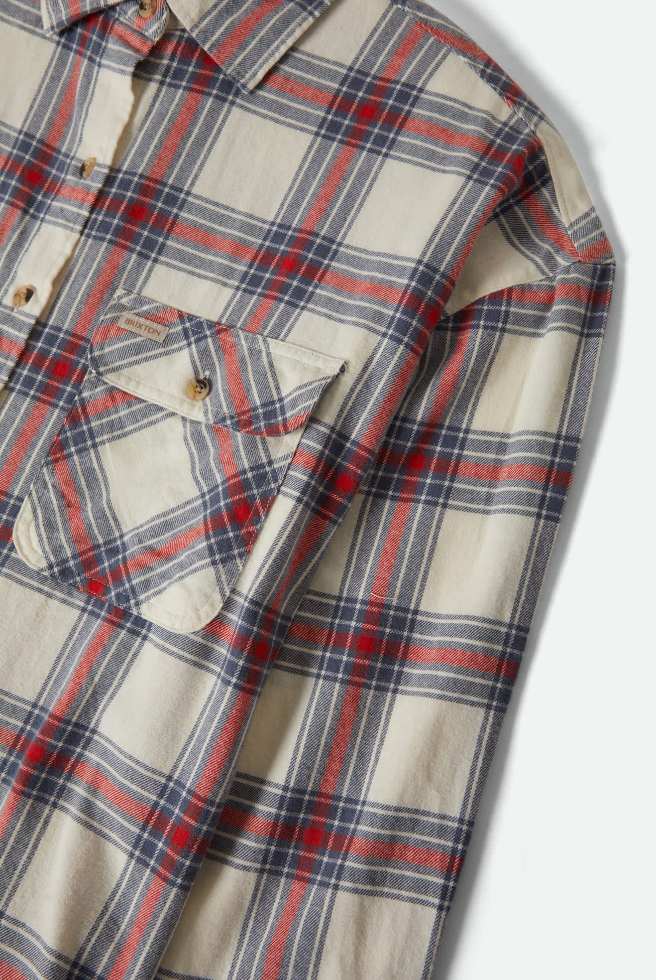 Women's Bowery Vintage Overshirt in the color Off White/Berring Sea/Red - Additional Laydown image