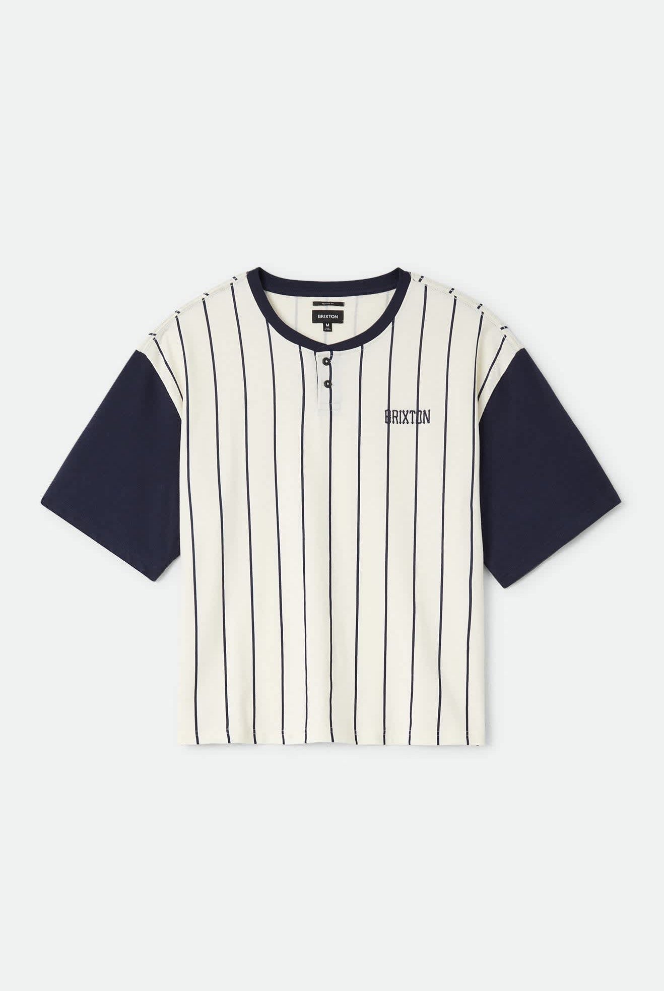 Men's Boxy Baseball T-Shirt in the color Off White Stripe/Washed Navy - Front Product View