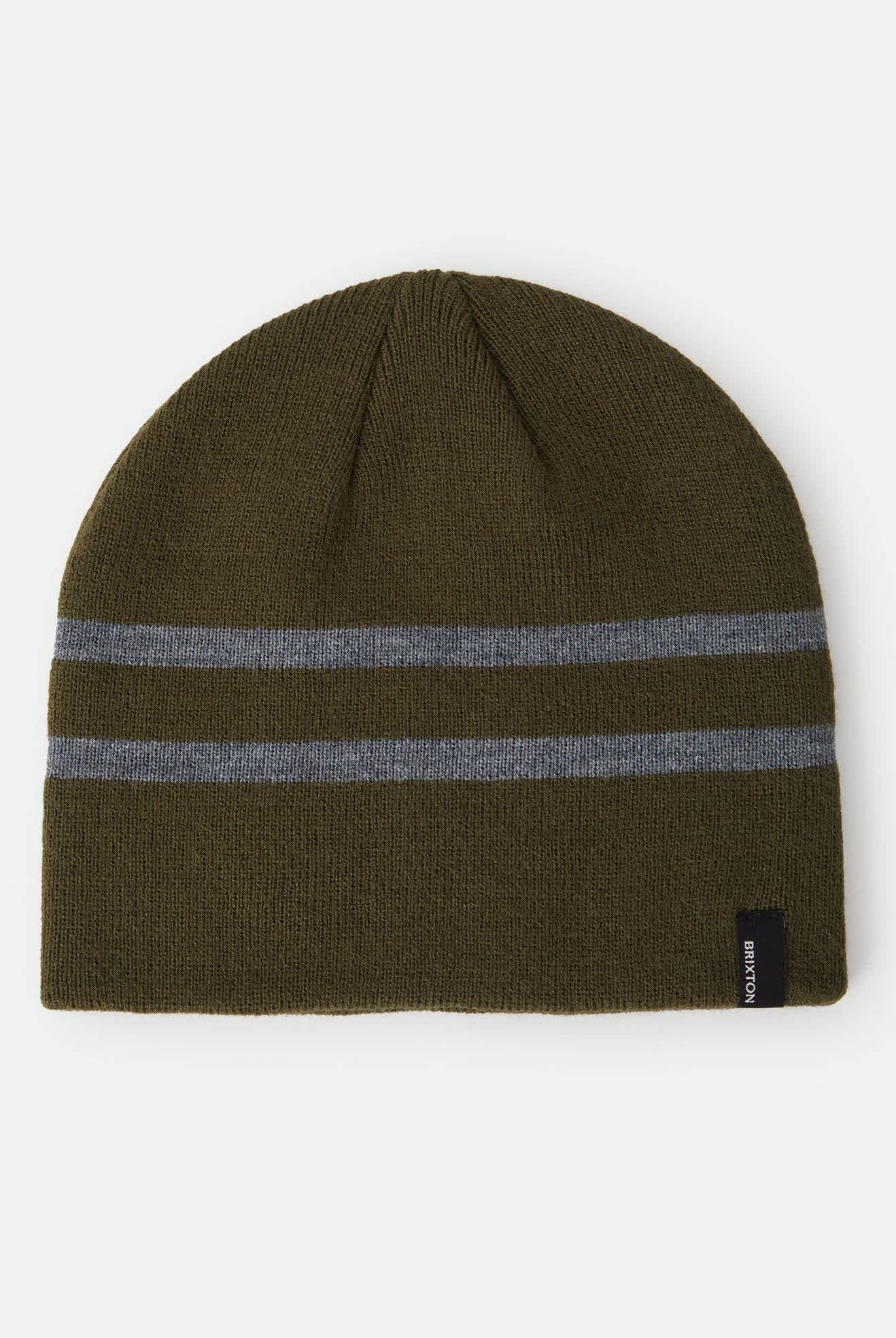 Unisex Skully Beanie in the color Dark Olive/Heather Grey Stripe - Front Product View