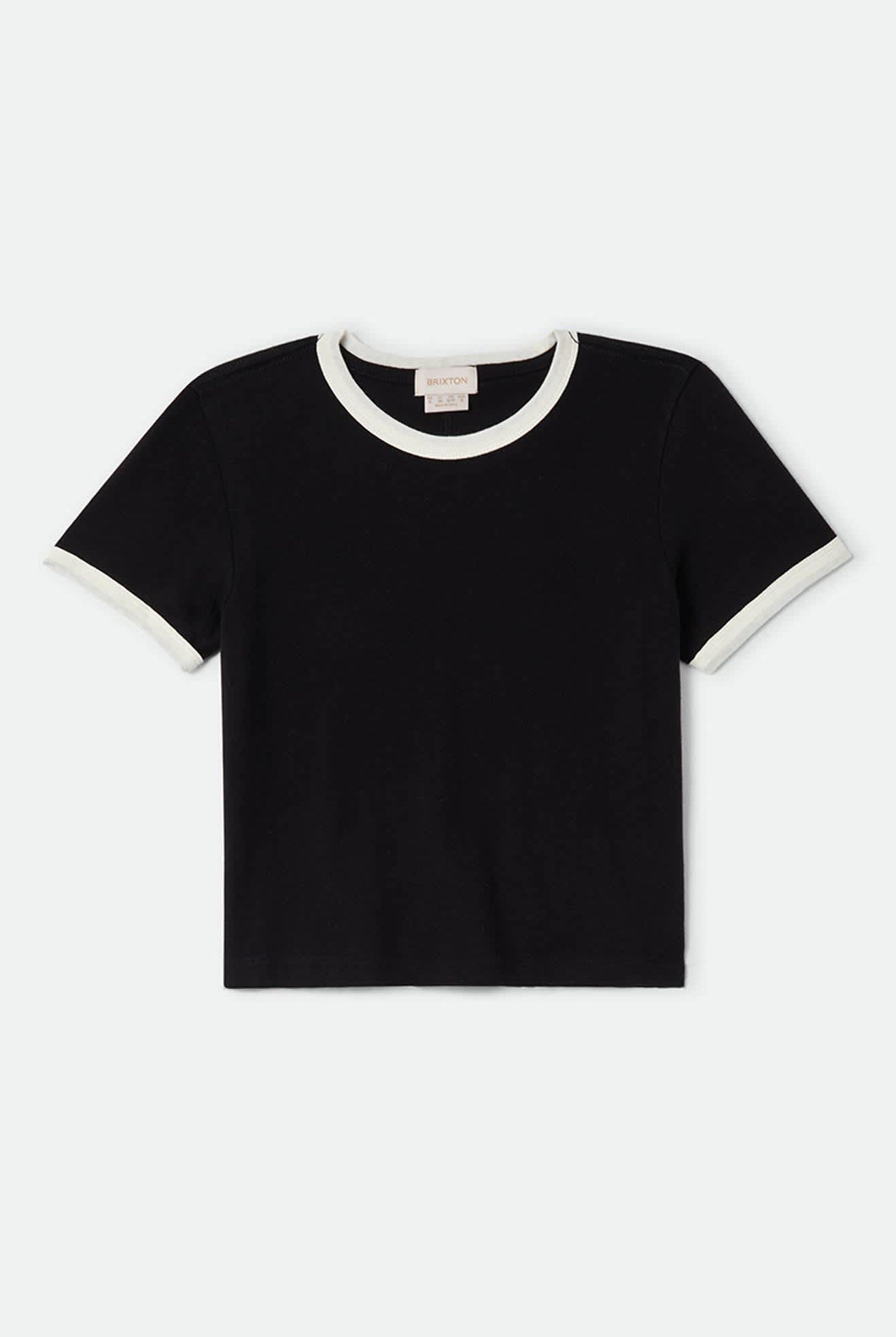 Women's Carefree Organic Garment Dye Ringer T-Shirt in the color Black/Off White - Front Product View