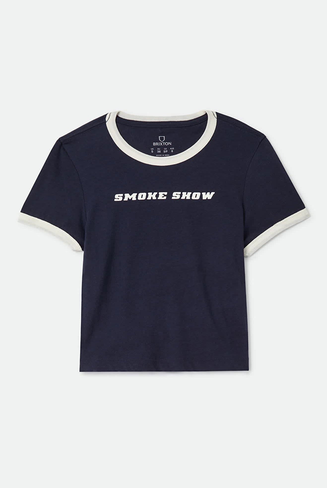 Women's Smoke Show Baby T-Shirt in the color Washed Navy/Whitecap - Front Product View