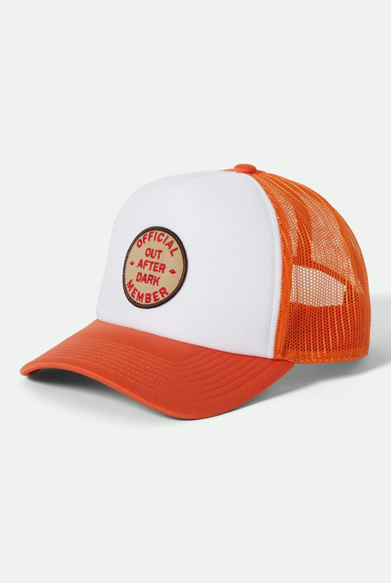 Women's Out After Dark Netplus Trucker Hat in the color Tangerine/Off White - Front Product View