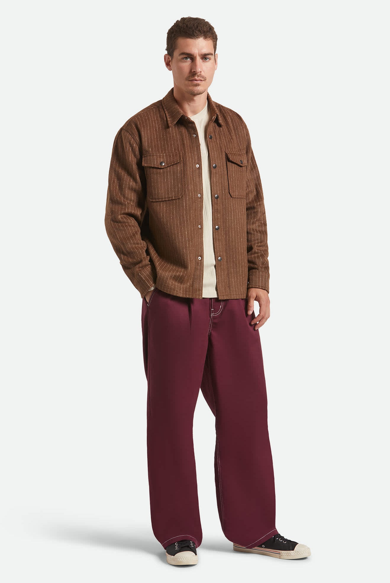 Men's Selden Soft Brushed Flannel in the color Pinecone Brown Pinestripe - Men's Back View