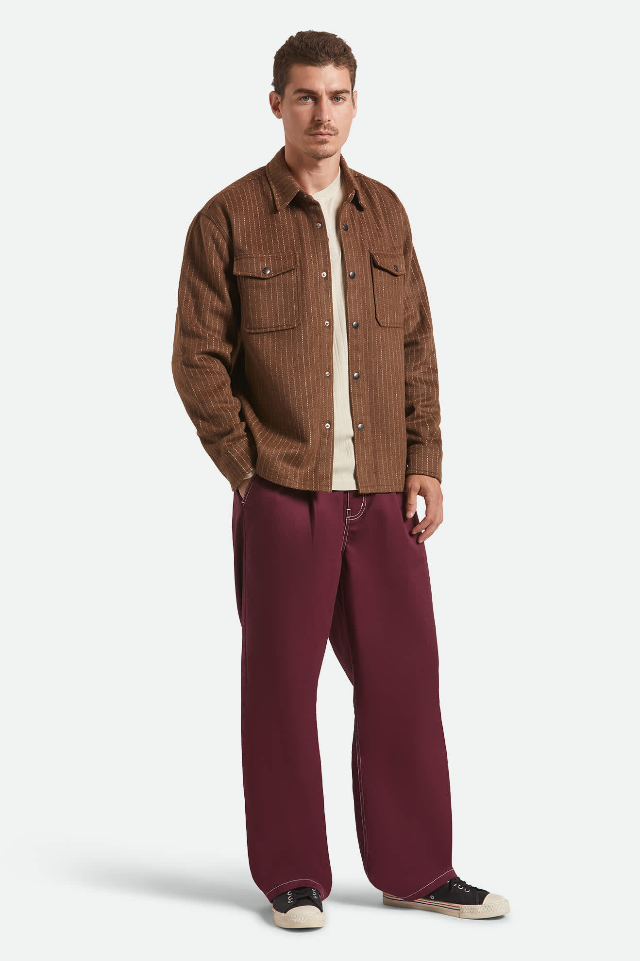 Men's Selden Soft Brushed Flannel in the color Pinecone Brown Pinestripe - Men's Back View