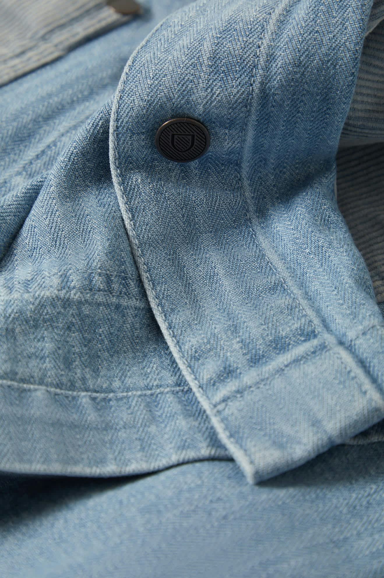 Men's Herringbone Lightweight Chore Coat in the color Light Wash Denim Herringbone - Additional Laydown image