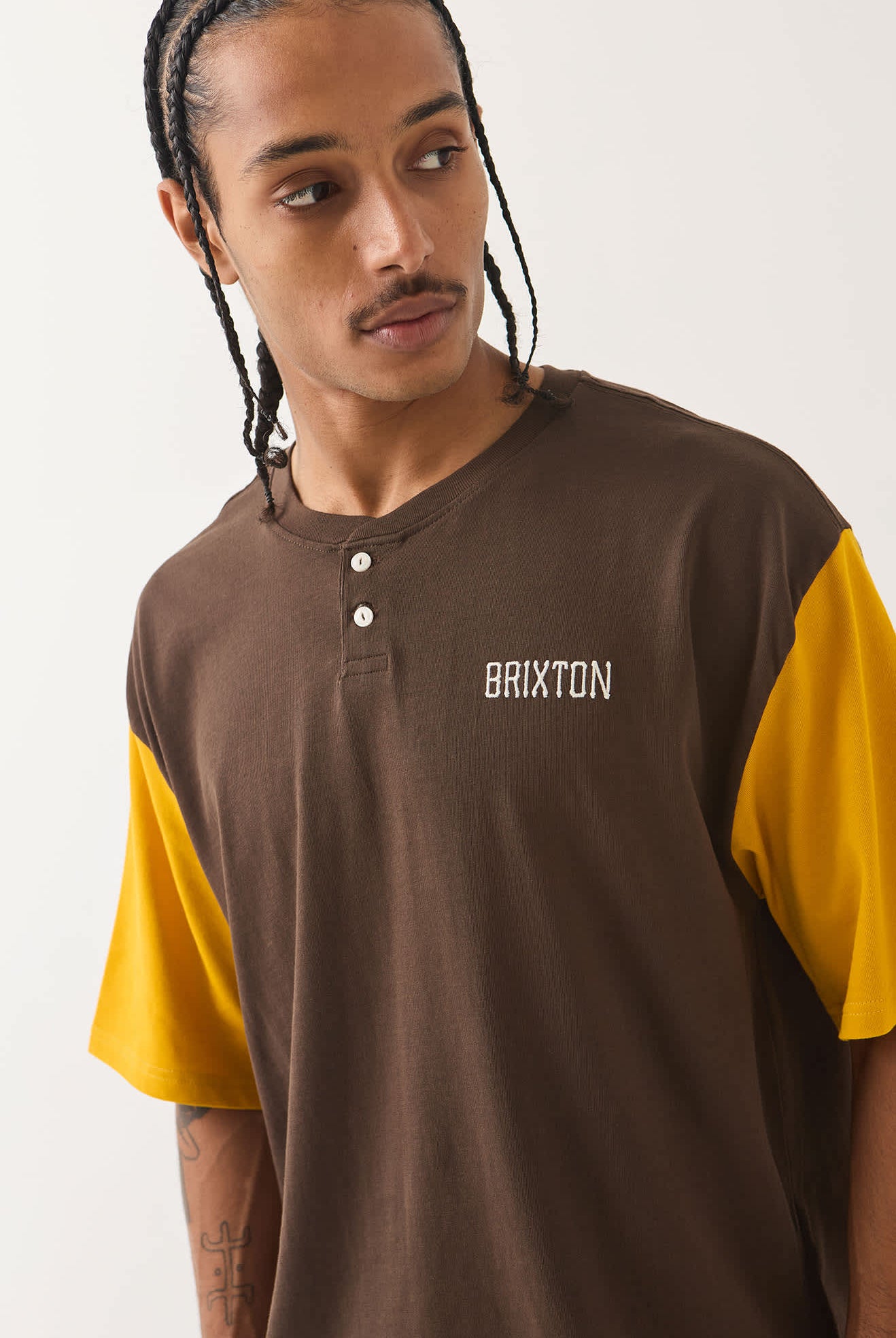 Men's Boxy Baseball T-Shirt in the color Walnut Brown/Golden Hour - Men's Side View