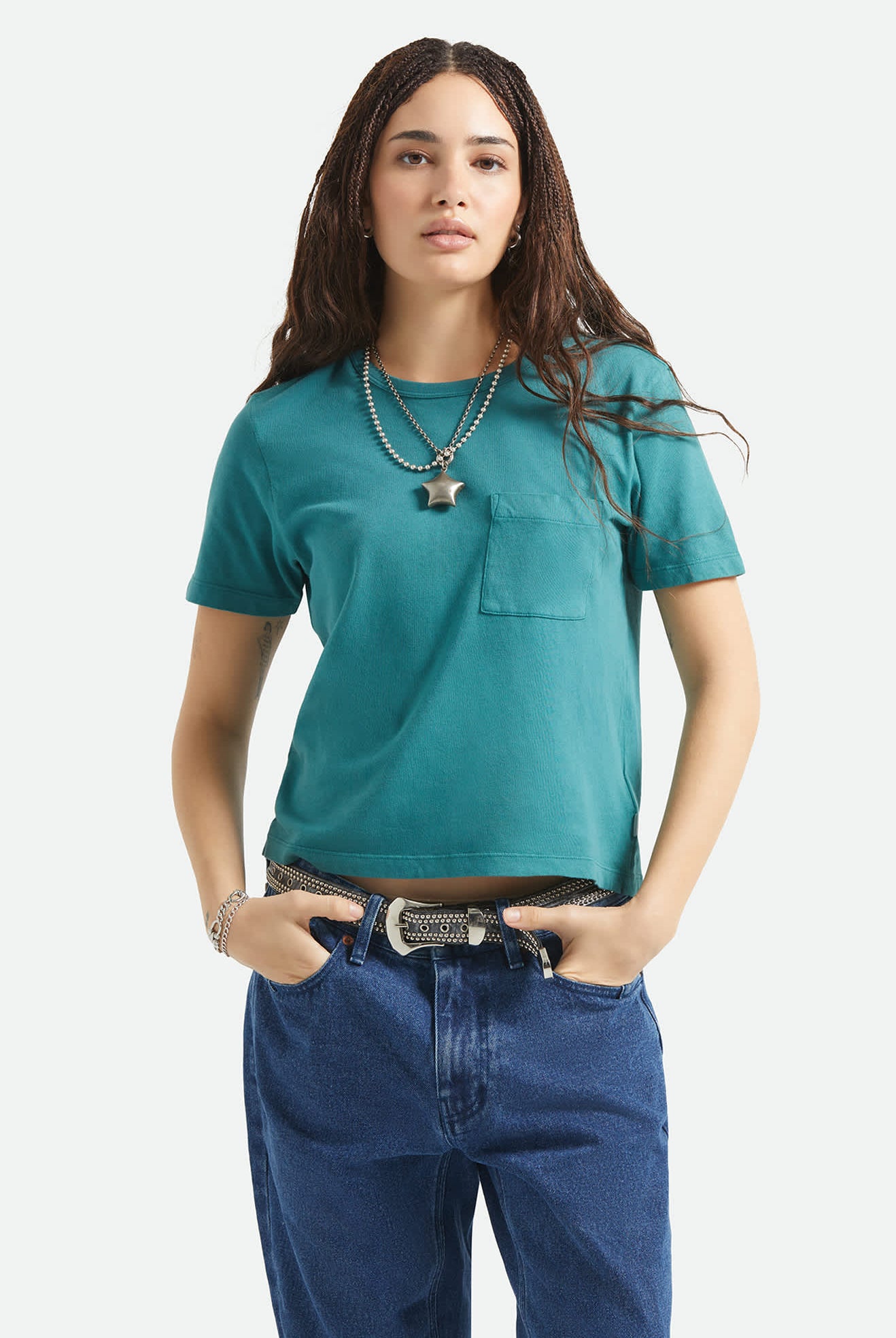 Women's Carefree Organic Garment Dye Perfect T-Shirt in the color Washed Mediterranean Teal - Women's Front View