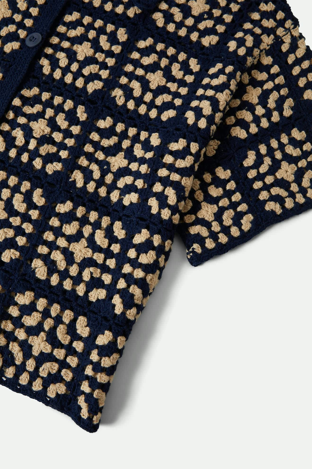 Women's Crochet S/S Button Down in the color Mood Indigo/Off White - Additional Laydown image