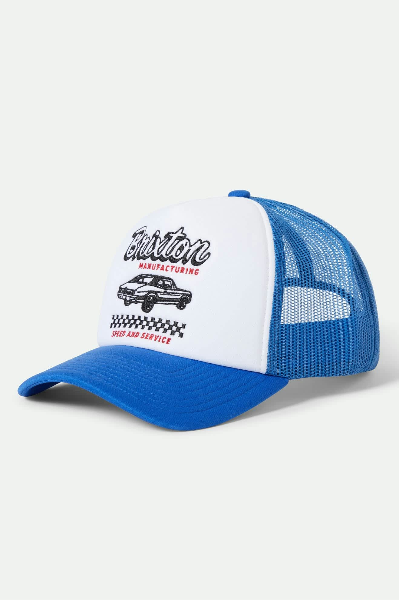 Women's Speed and Service Netplus Trucker Hat in the color Electric Blue - Front Product View