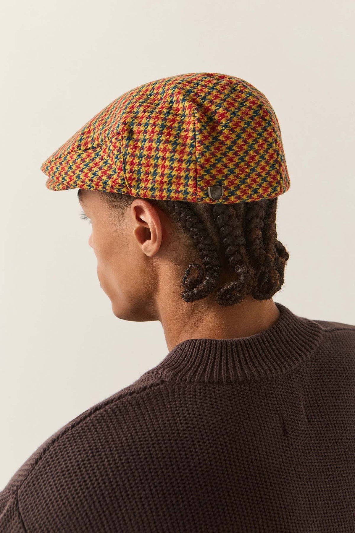 Unisex Hooligan Flat Cap in the color Taupe/Orange/Royal - Men's Back View
