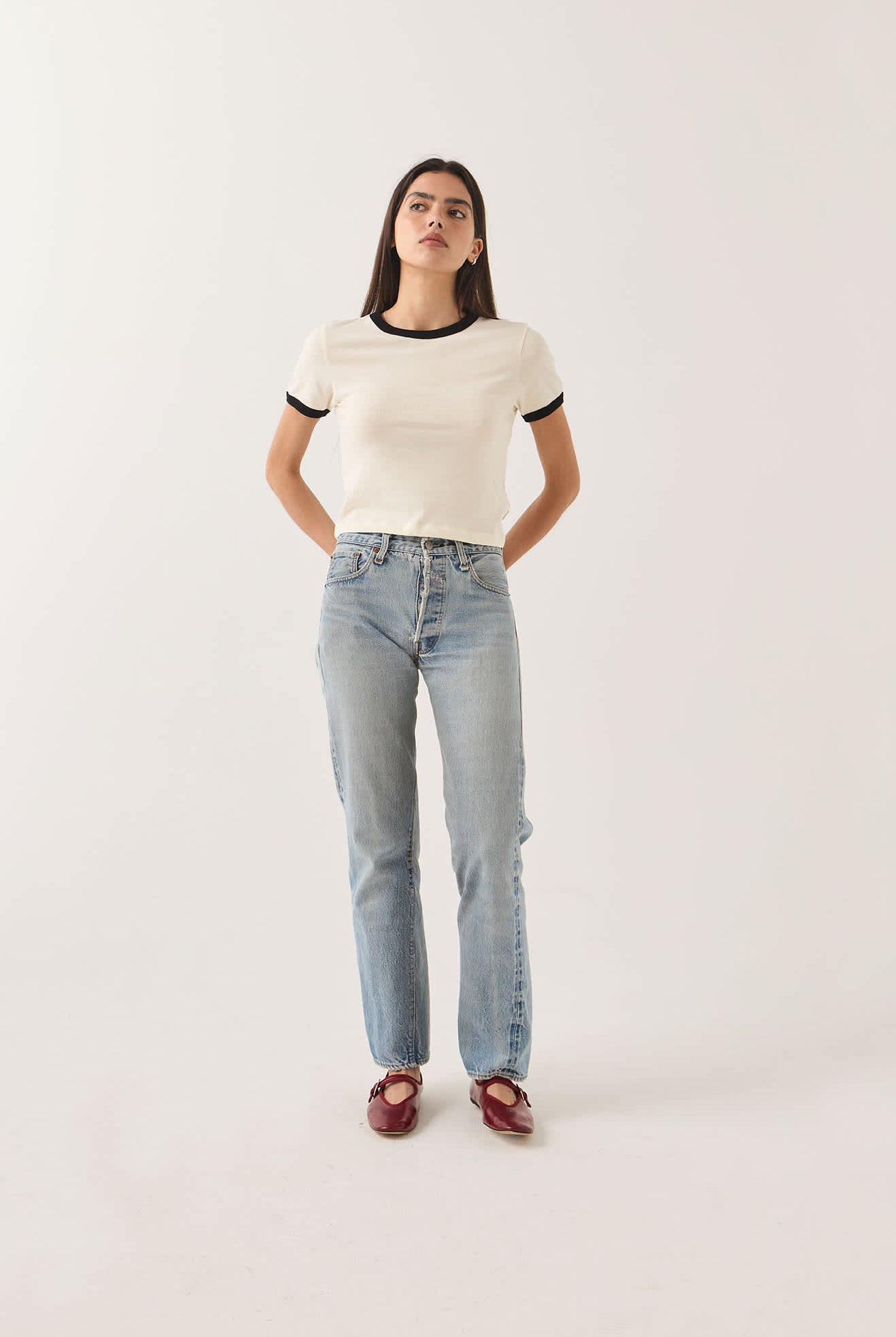 Women's Carefree Organic Garment Dye Ringer T-Shirt in the color Off White/Black - Additional Fit image
