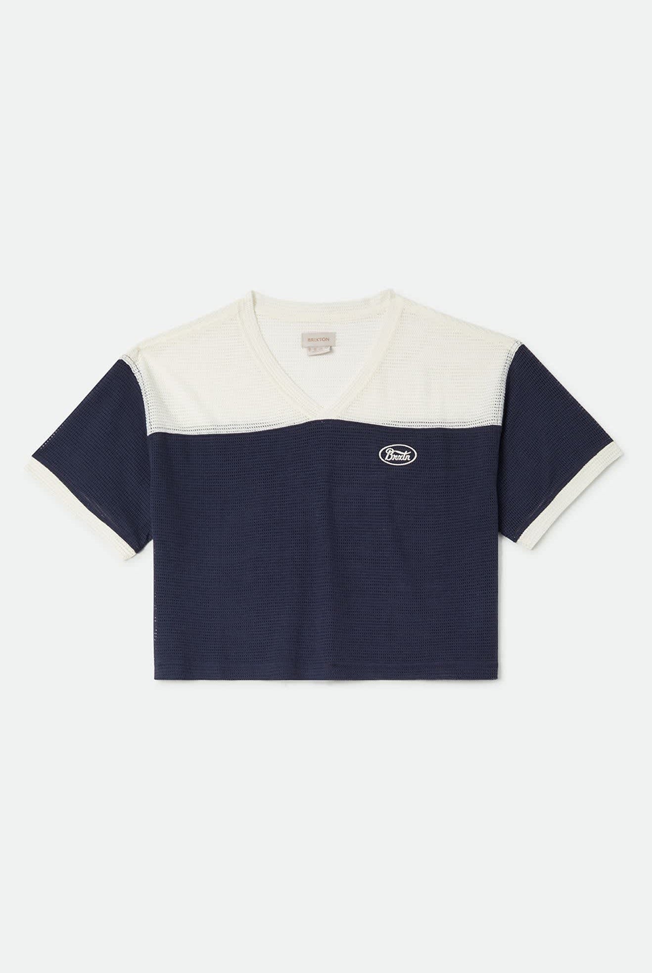 Women's Varsity Mesh T-Shirt in the color Off White/Washed Navy - Front Product View