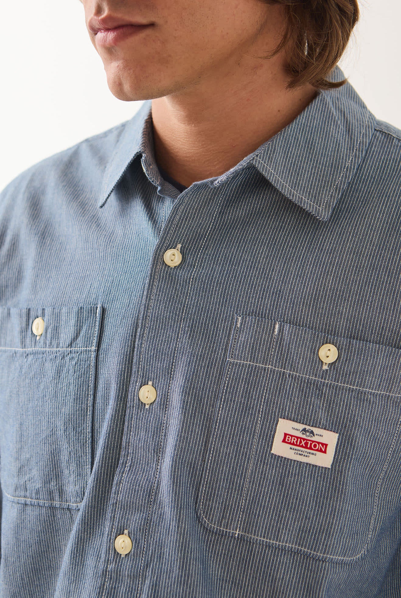 Men's Trademark Long Sleeve Shirt in the color Blue Chambray Micro Stripe - Additional Fit image