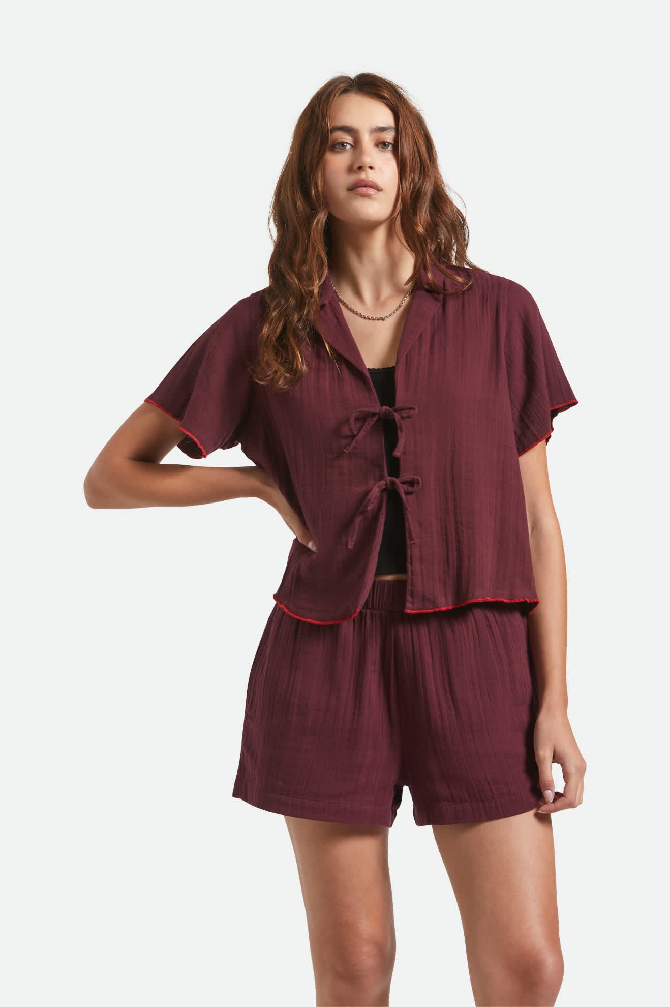 Women's Wandering Tie Top in the color Port - Women's Front View