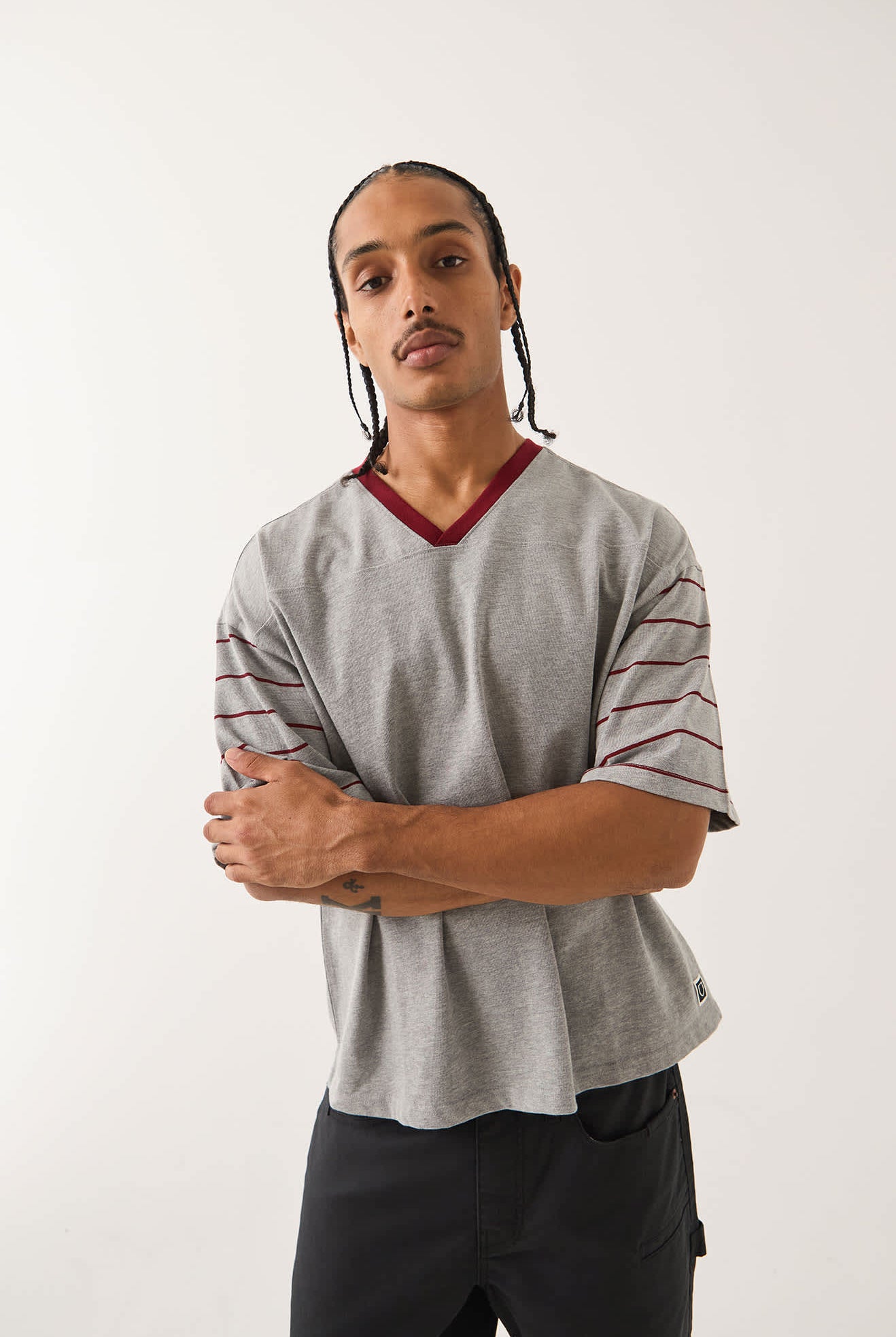 Men's Brixton Football T-Shirt in the color Heather Grey/Maroon - Additional Fit image