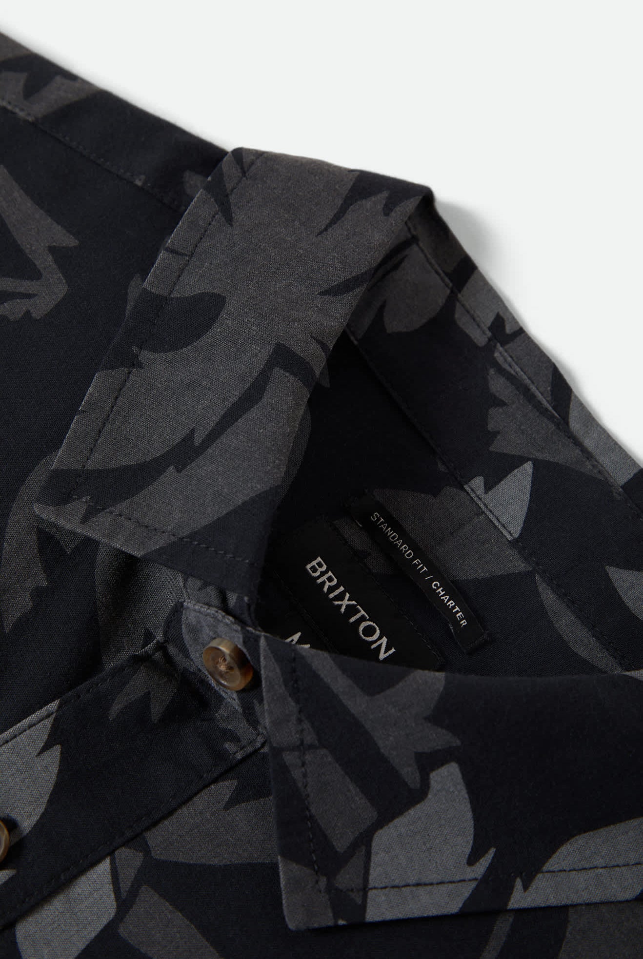 Men's Charter Print Short Sleeve Shirt in the color Black/Trooper/Future Grey Palm Floral - Additional Laydown image
