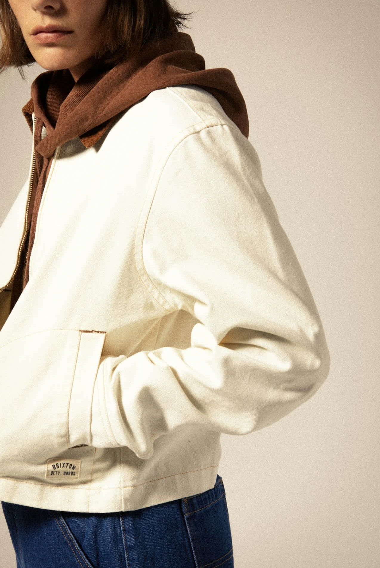 Women's Mechanics Women's Garage Zip Jacket in the color Egret White - Additional Fit View