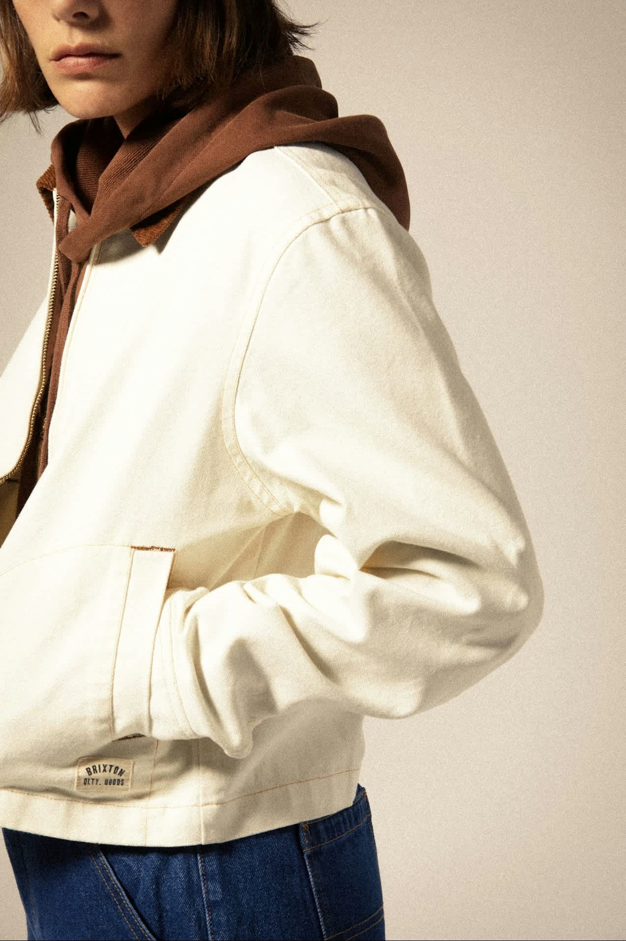 Women's Mechanics Women's Garage Zip Jacket in the color Egret White - Additional Fit View