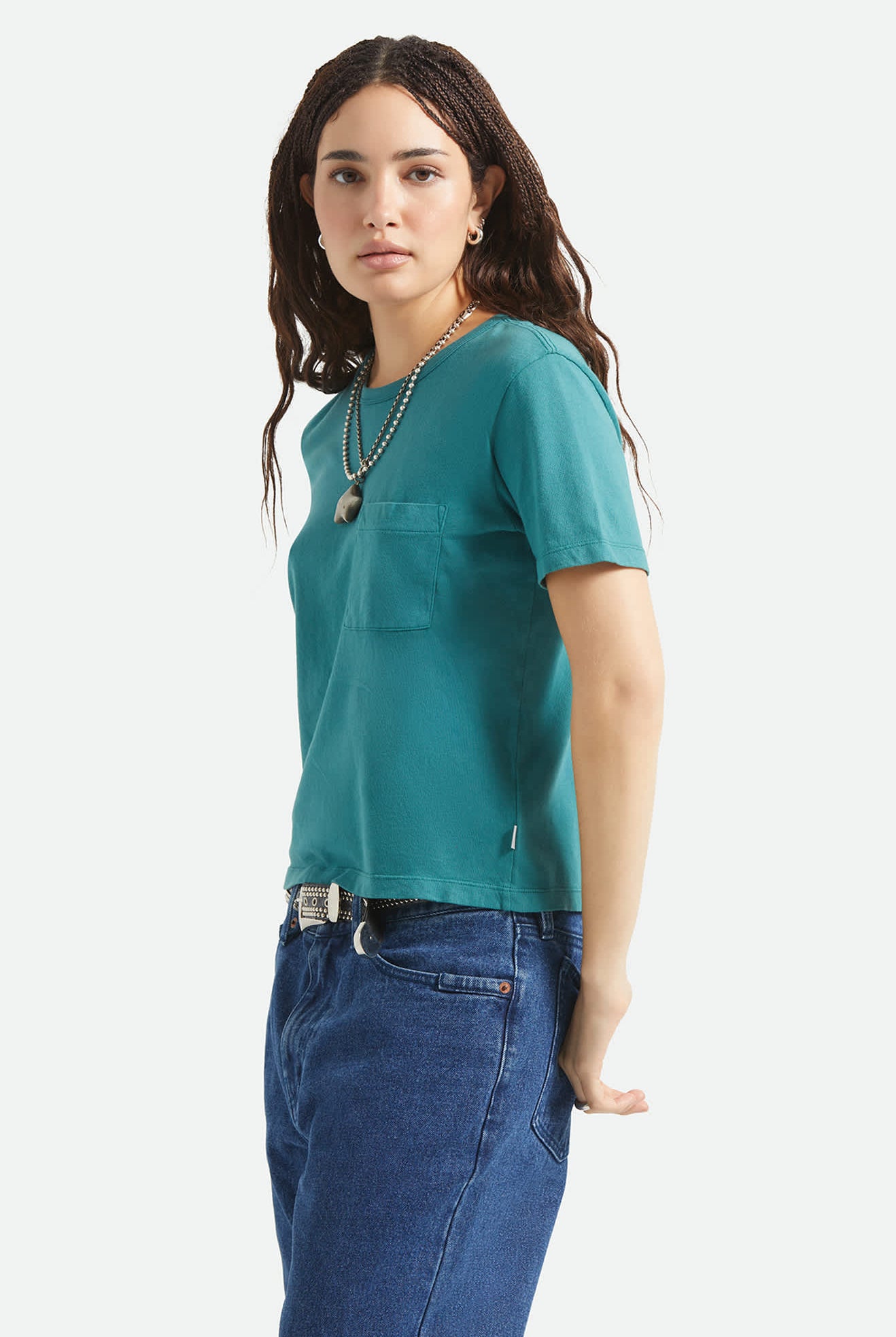 Women's Carefree Organic Garment Dye Perfect T-Shirt in the color Washed Mediterranean Teal - Women's Side View