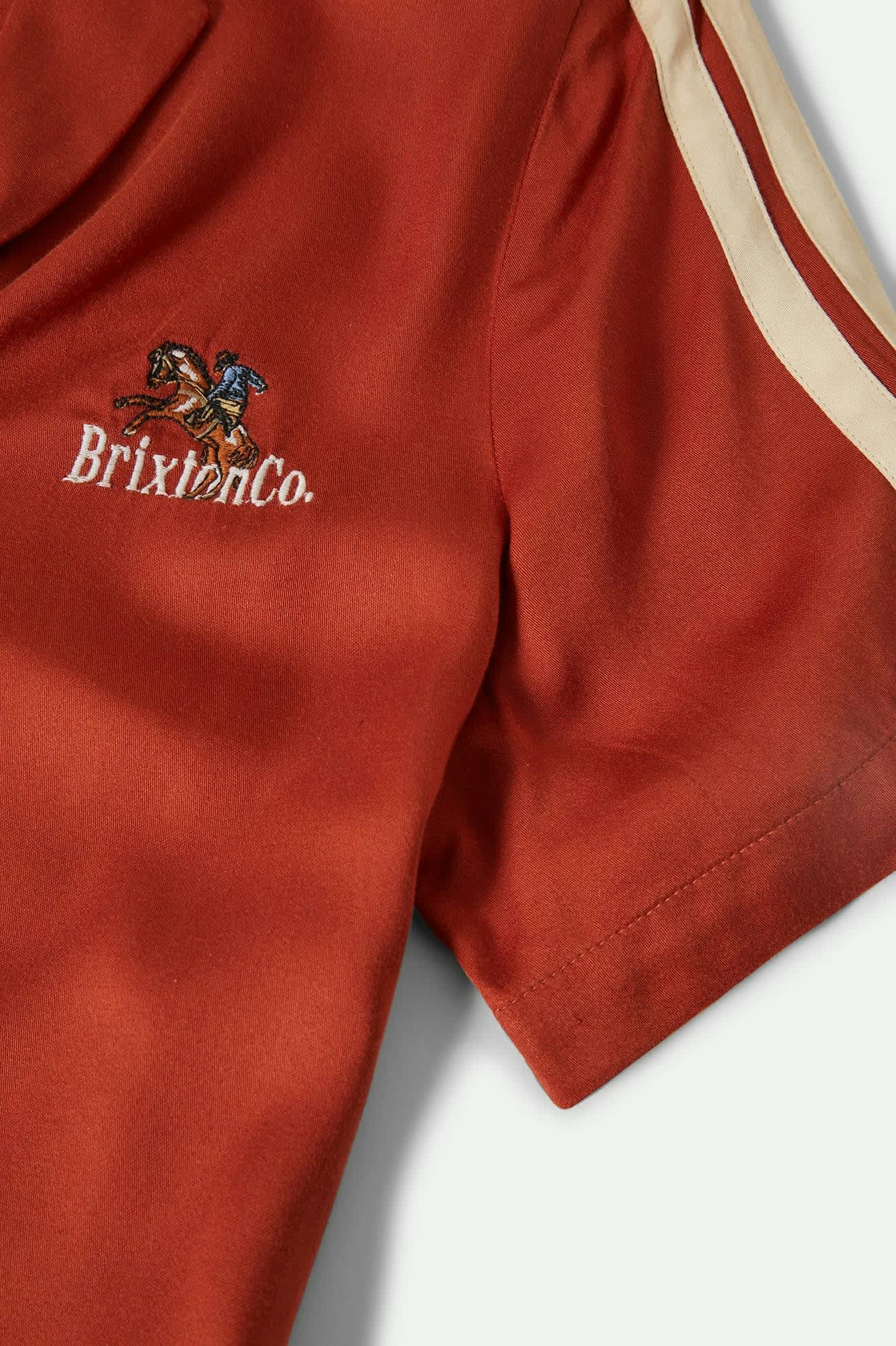 Women's Silky S/S Bowling Button Down in the color Burnt Brick - Additional Laydown image