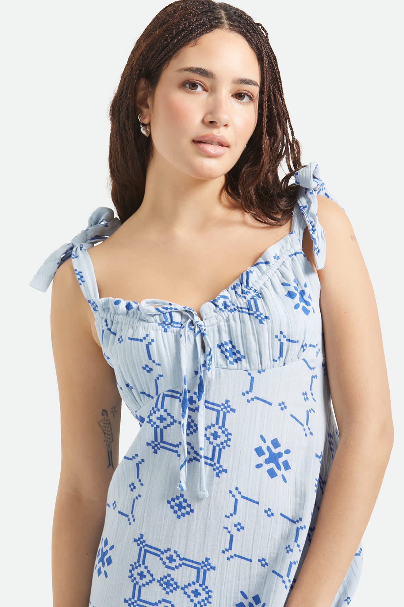 Women's The Tie Dress in the color Aura Blue Tile Print - Women's Front View