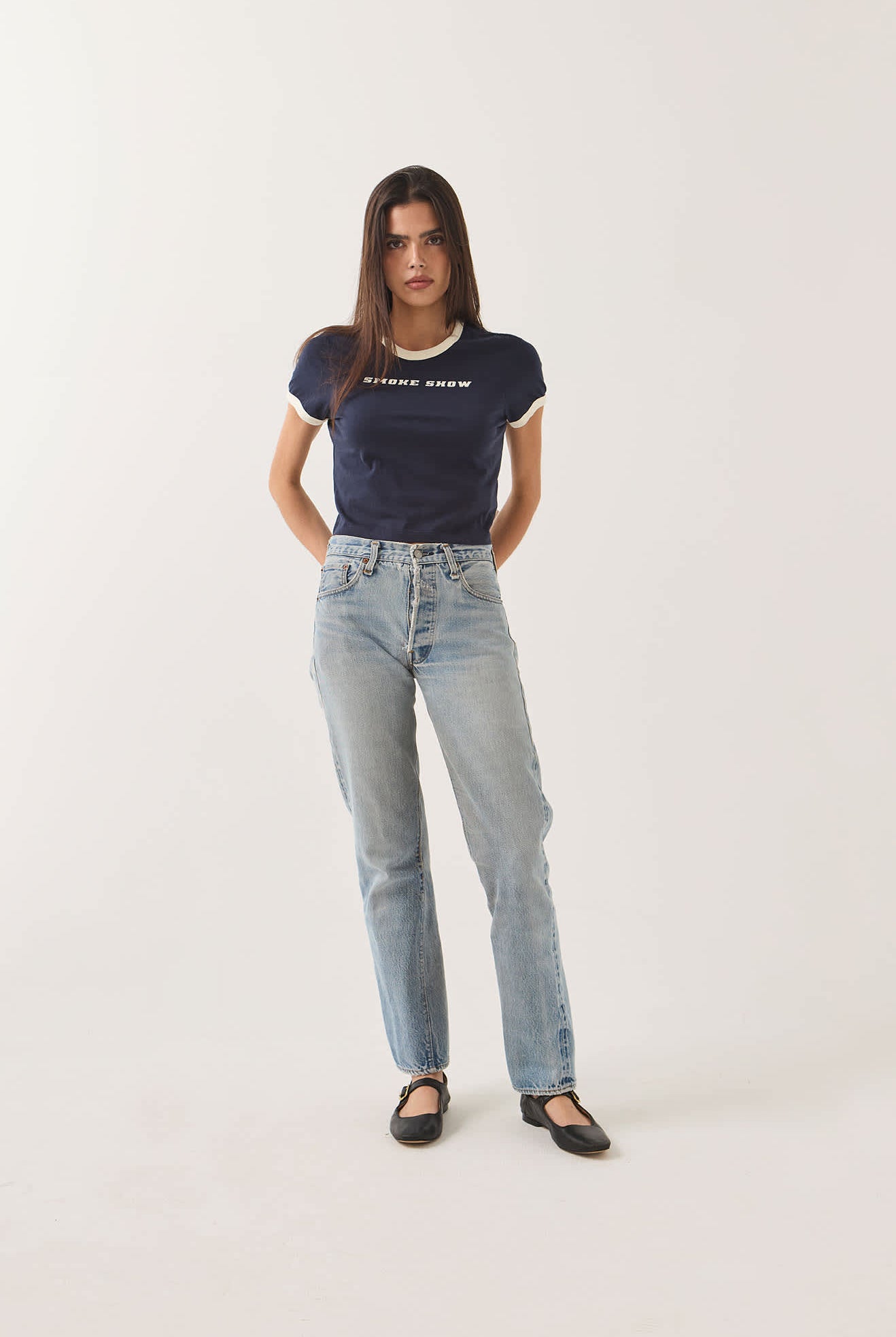 Women's Smoke Show Baby T-Shirt in the color Washed Navy/Whitecap - Women's Front View
