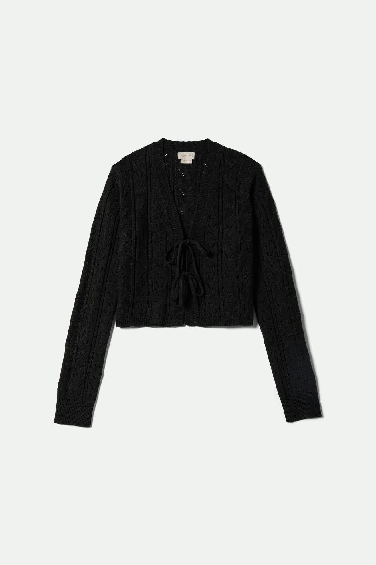 Women's Cropped Pointelle Tie Cardigan in the color Black - Front Product View