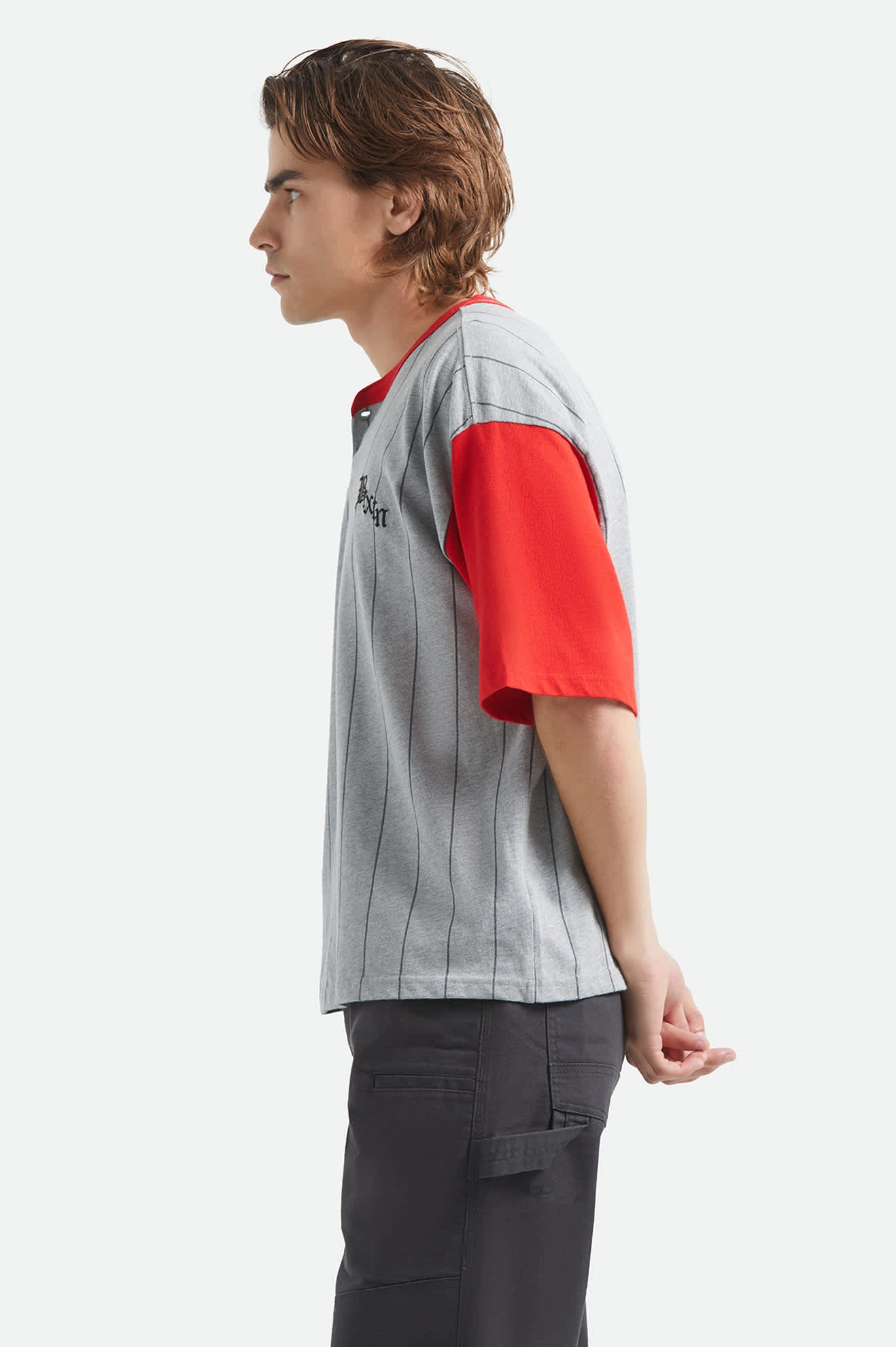 Men's Boxy Short Sleeve Baseball T-Shirt in the color Heather Grey/Adrenaline Rush - Men's Side View