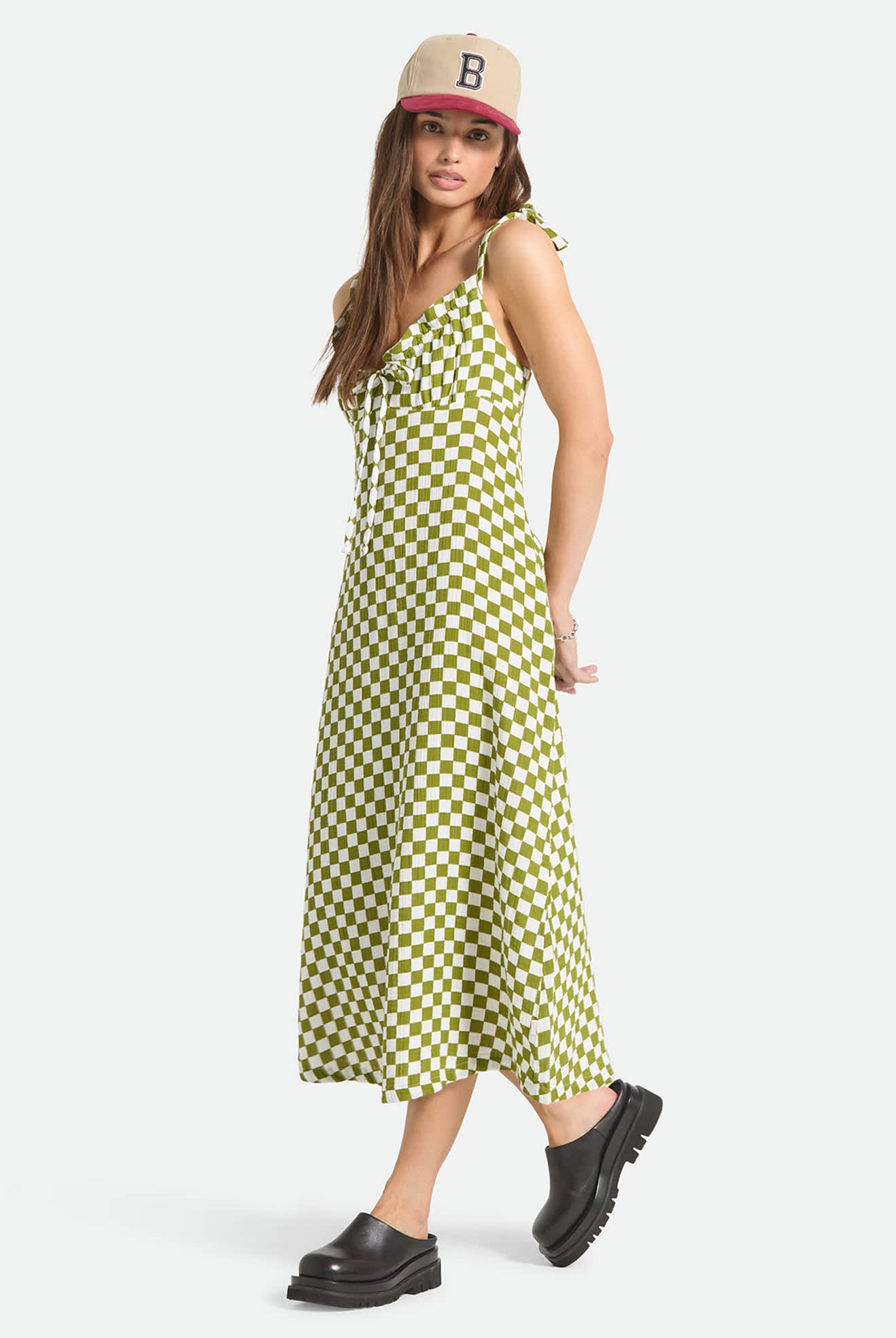 Women's The Tie Dress in the color Sublime Green Checkerboard - Women's Side View