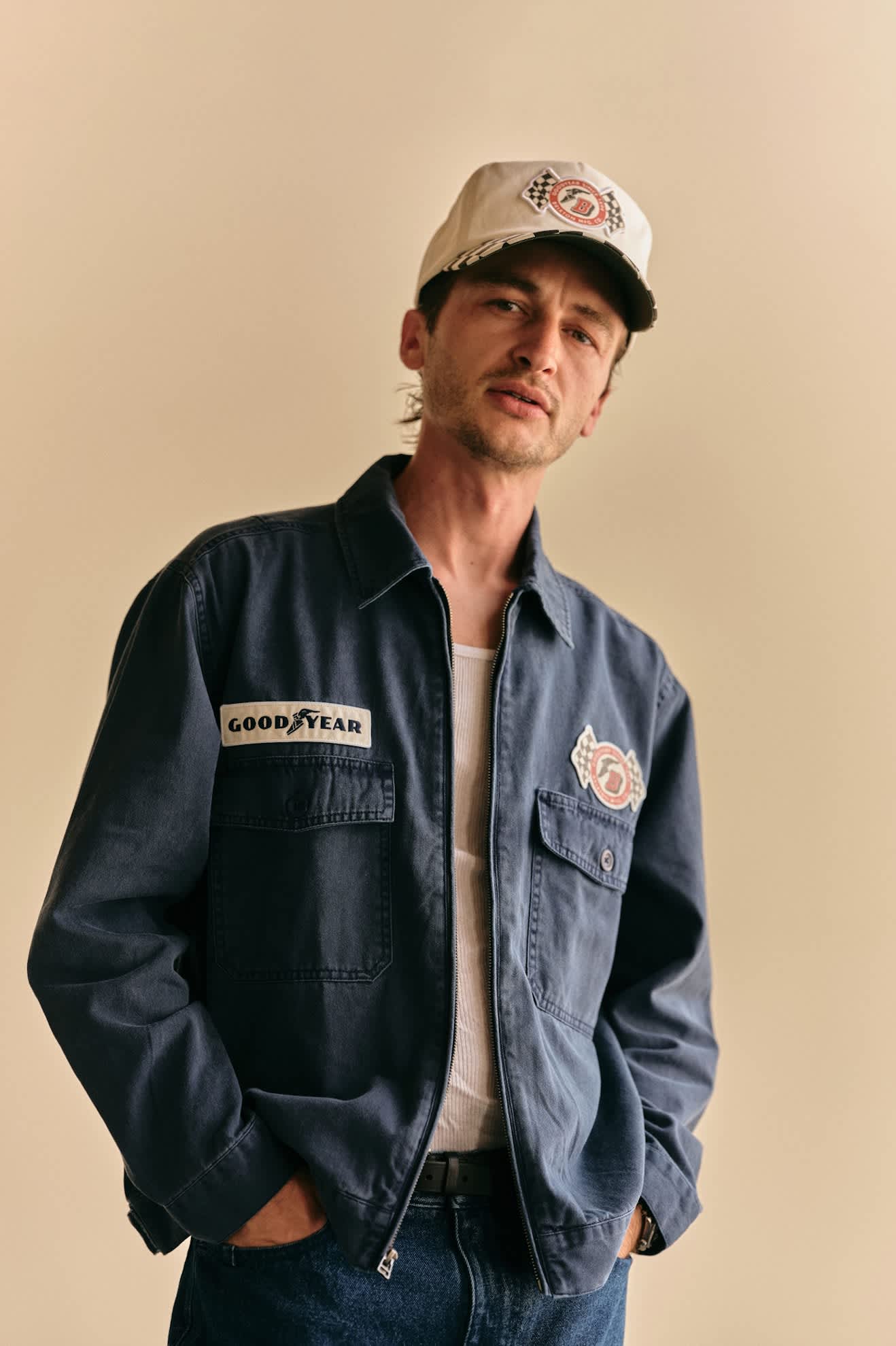 Men's Goodyear Trademark Lightweight Coaches Jacket in the color Washed Navy - Men's Front View