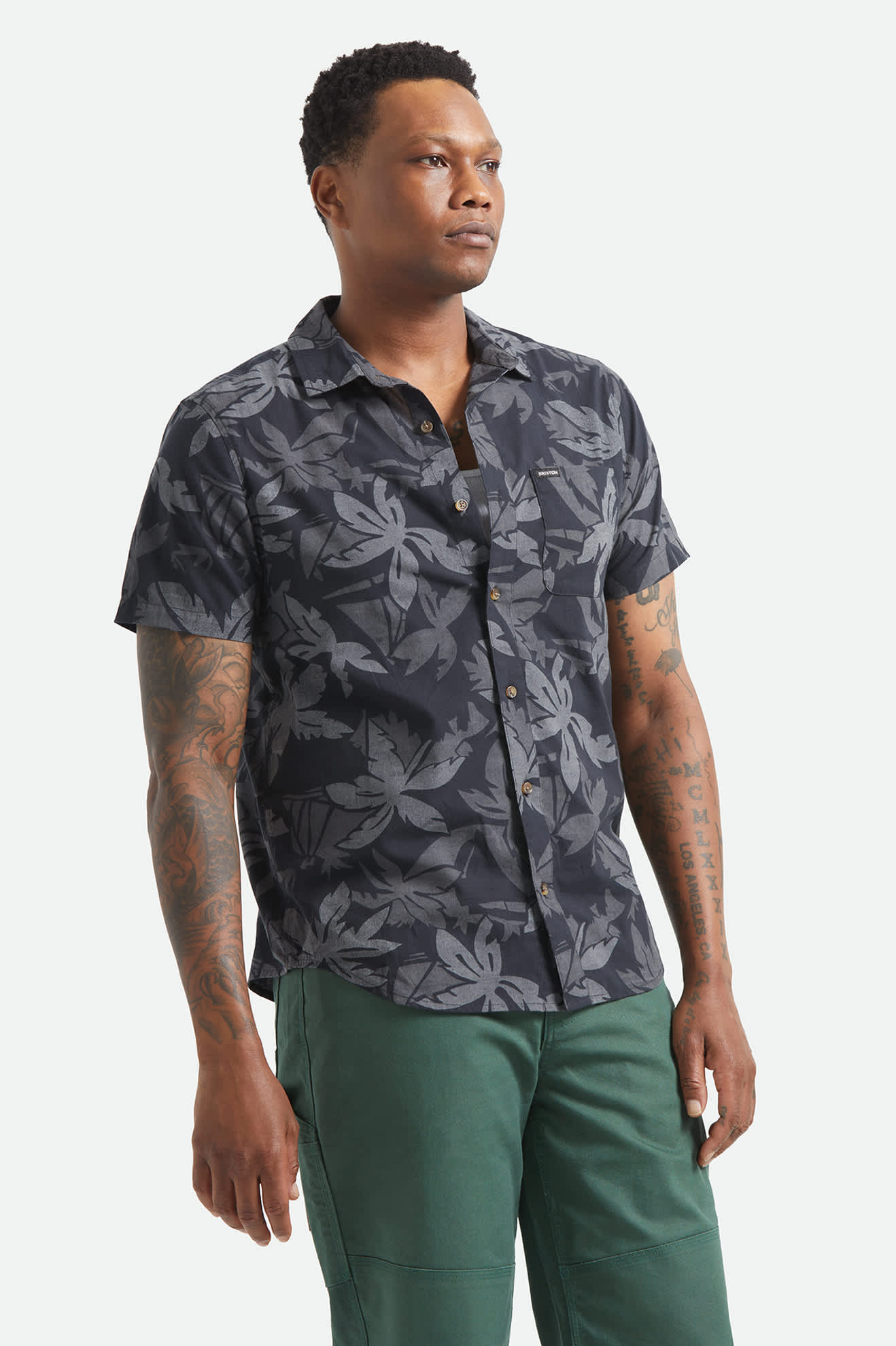 Men's Charter Print Short Sleeve Shirt in the color Black/Trooper/Future Grey Palm Floral - Men's Front View