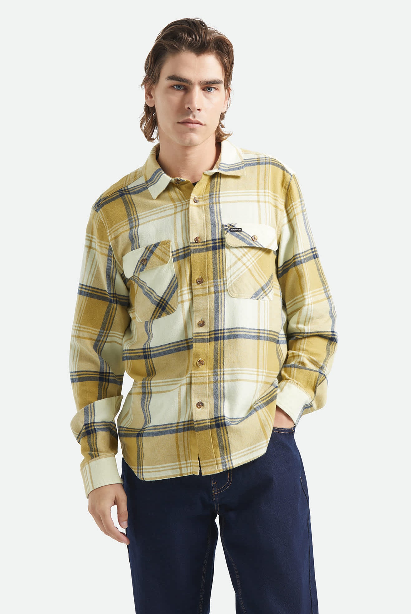 Men's Bowery Lightweight Ultra Soft Flannel in the color Yellow/Dusted Ochre - Additional Fit image