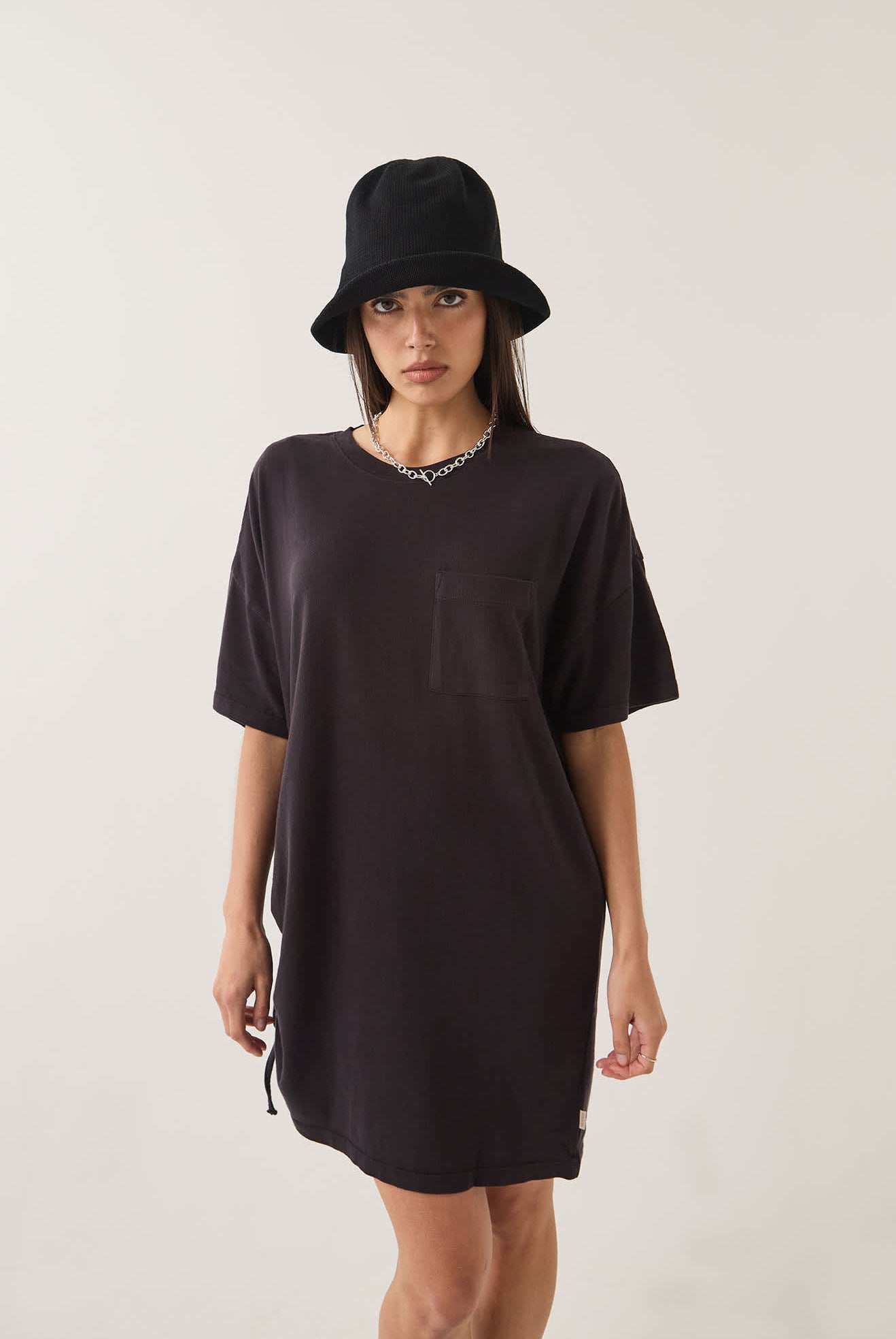 Women's Carefree Organic Garment Dye T-Shirt Dress in the color Black - Additional Fit image