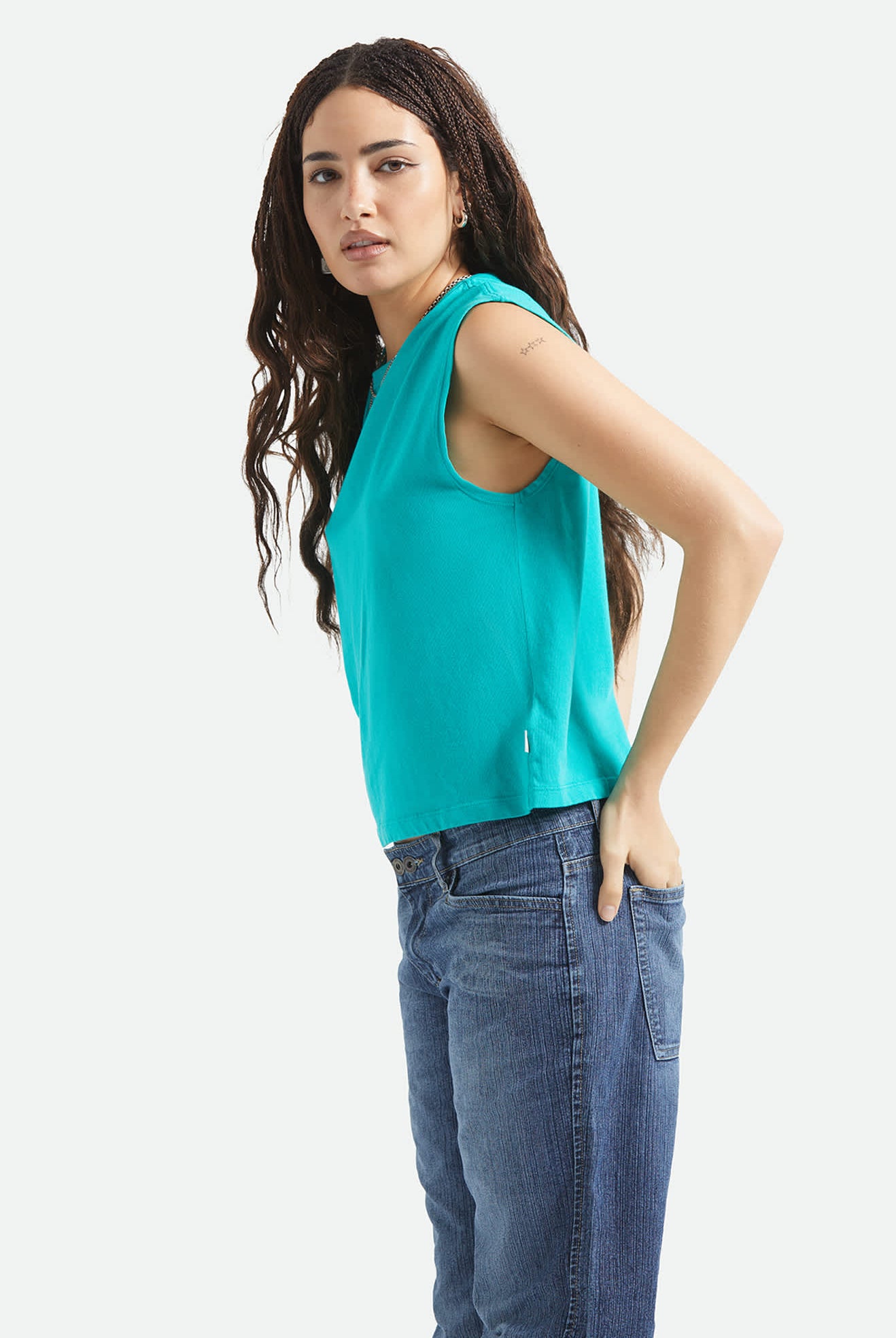 Women's Carefree Organic Garment Dye Muscle Tank in the color Retro Green - Women's Side View