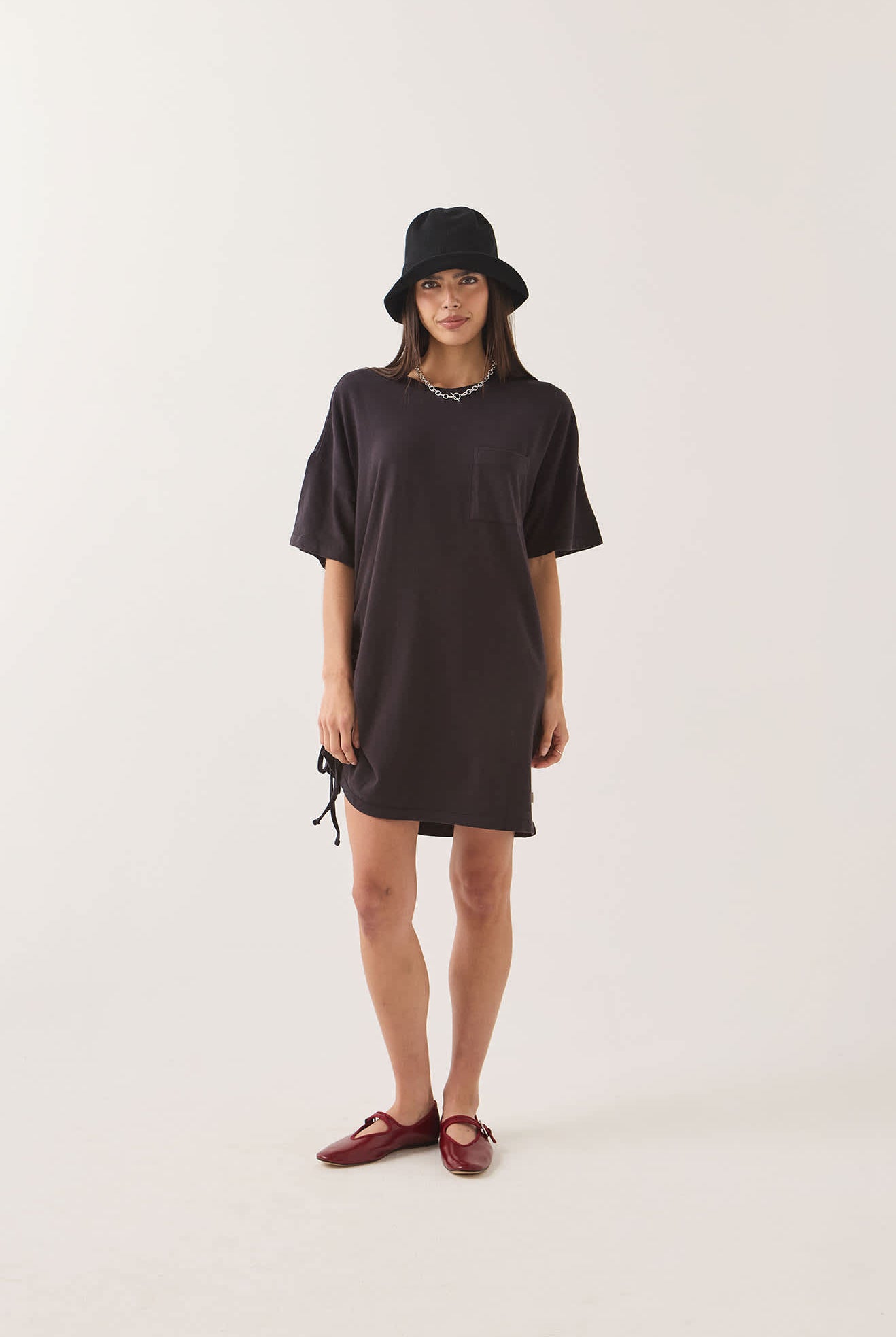 Women's Carefree Organic Garment Dye T-Shirt Dress in the color Black - Women's Front View