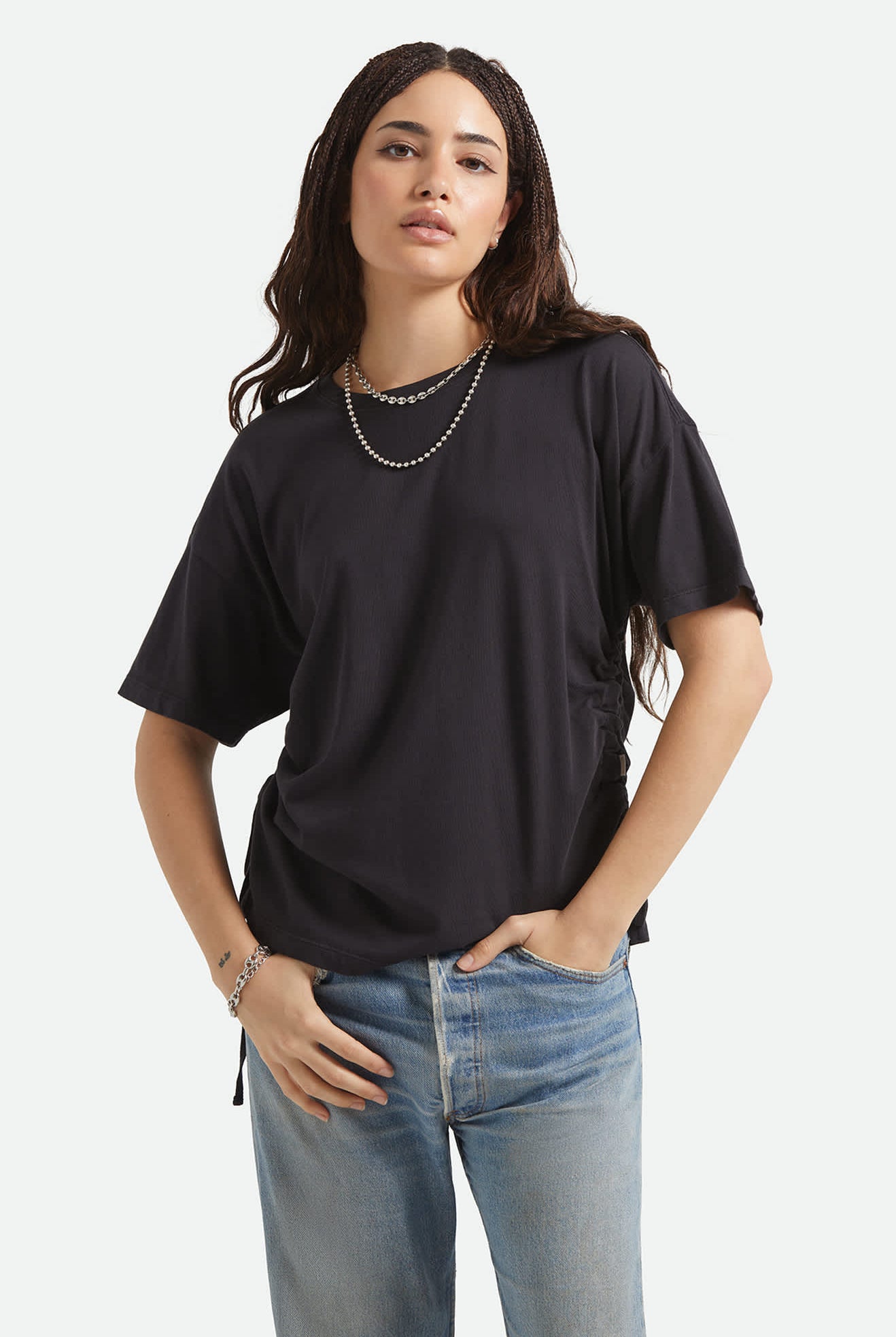 Women's Carefree Organic Garment Dye Cinch T-Shirt in the color Black - Women's Front View