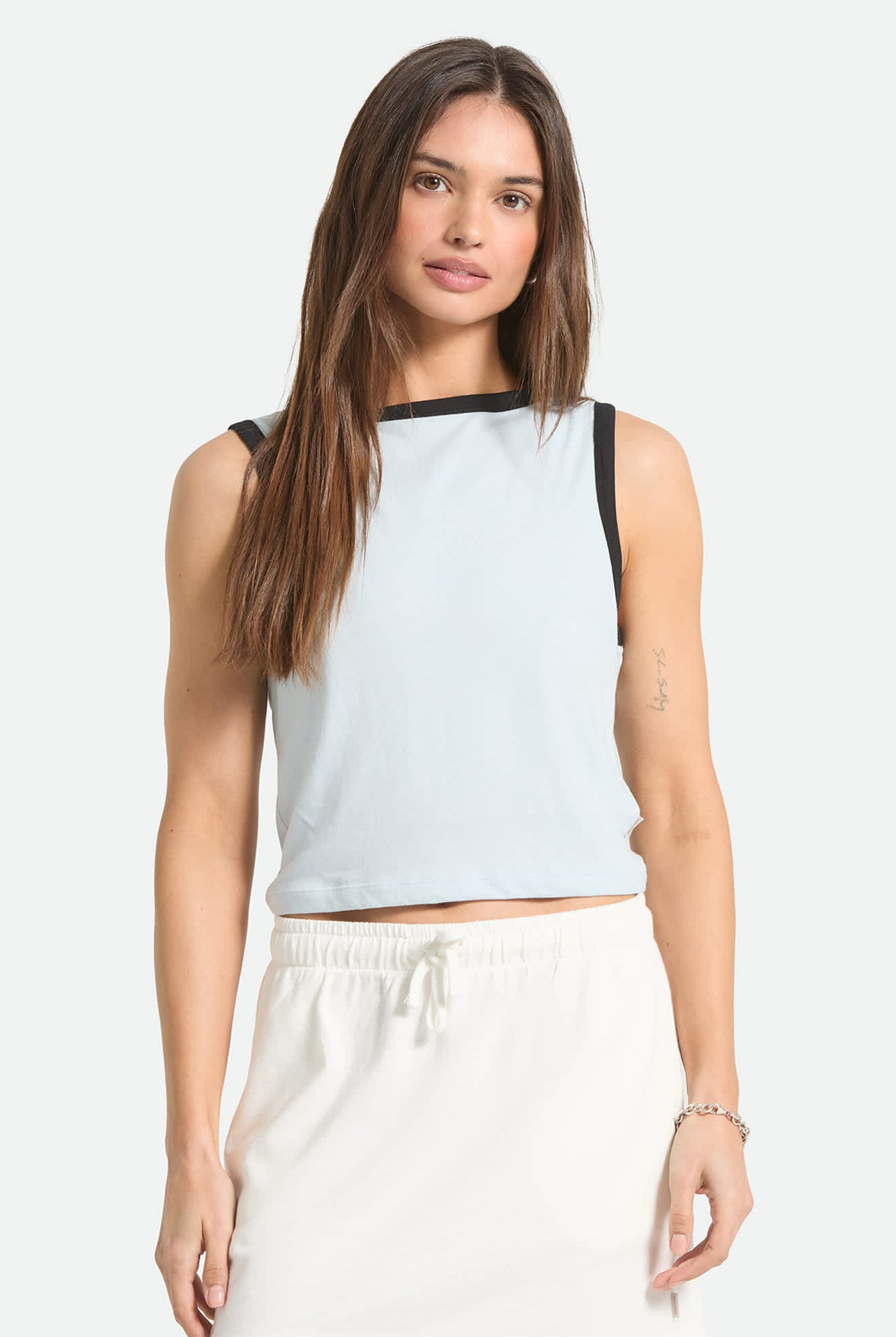 Women's Carefree Organic Garment Dye Cropped Tank in the color Blue Aura - Women's Front View