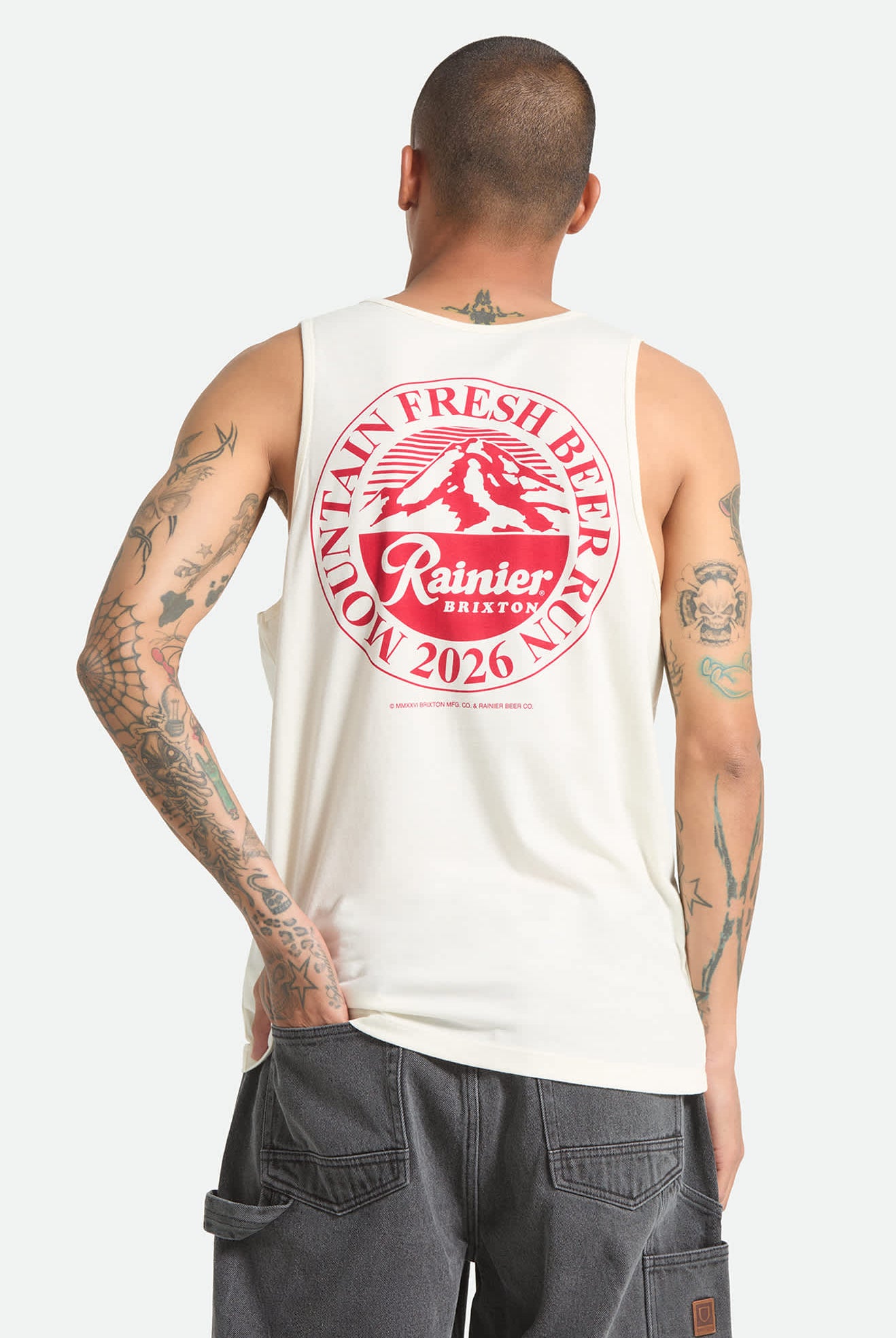 Men's Rainier Beer Run Tank in the color Natural - Men's Back View