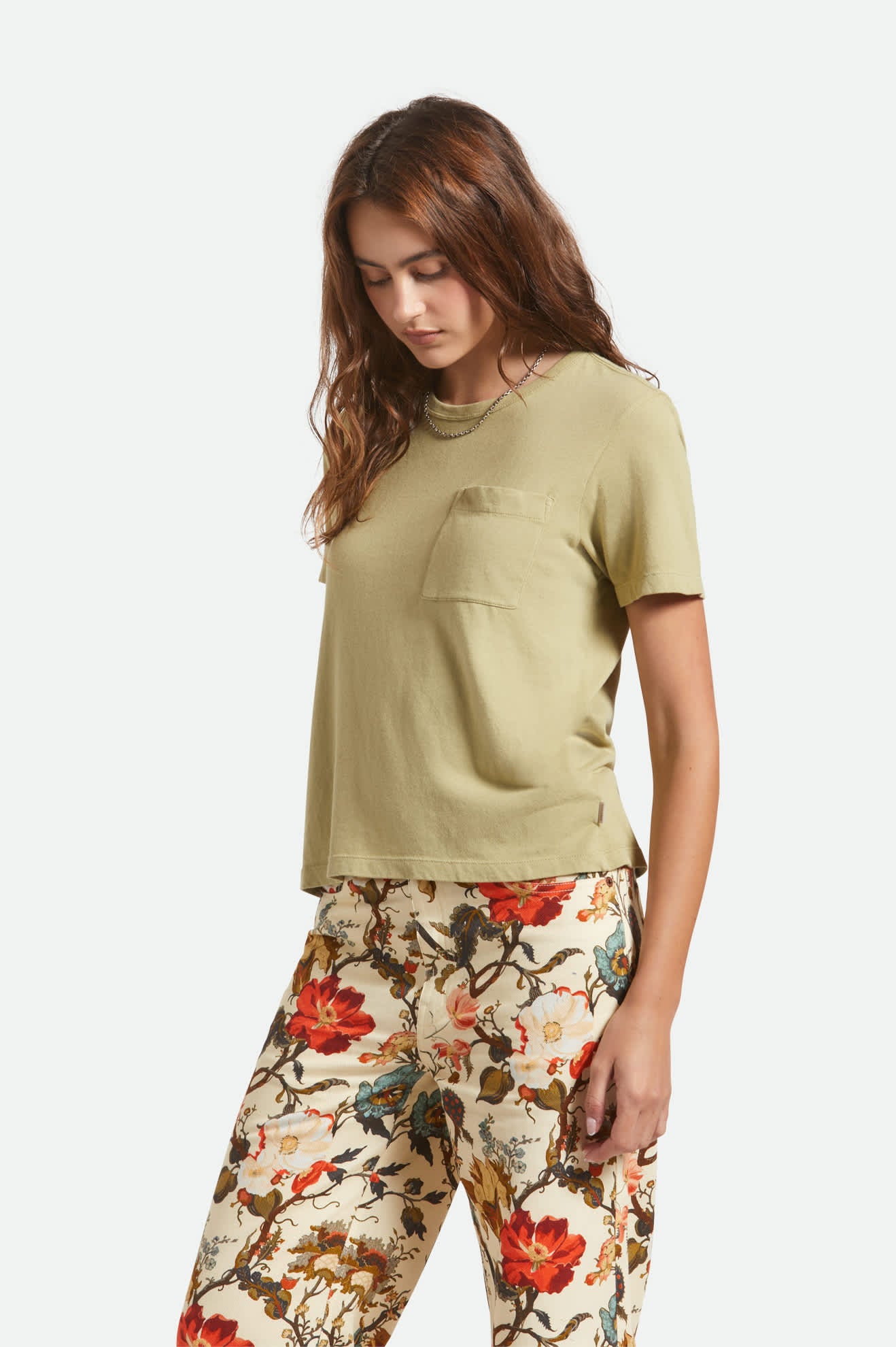 Women's Carefree Organic Garment Dye Perfect T-Shirt in the color Elm - Women's Side View