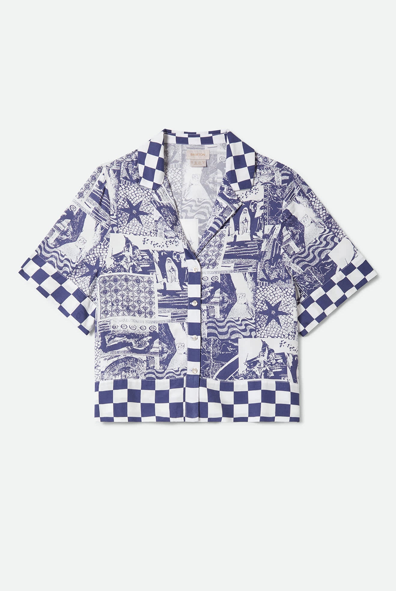 Women's The Omar Button Down Short Sleeve Shirt in the color Navy/White Collage - Front Product View