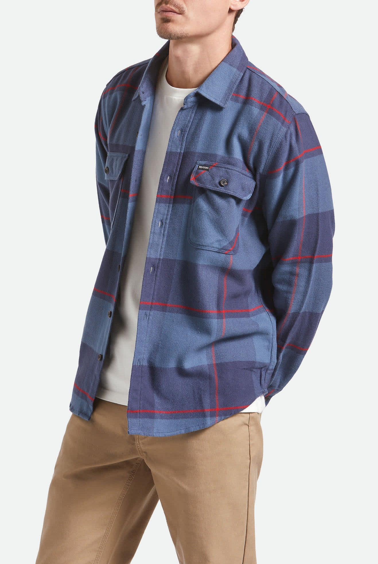 Men's Bowery Flannel in the color Bering Sea/Mood Indigo/Adrenaline Rush - Men's Side View