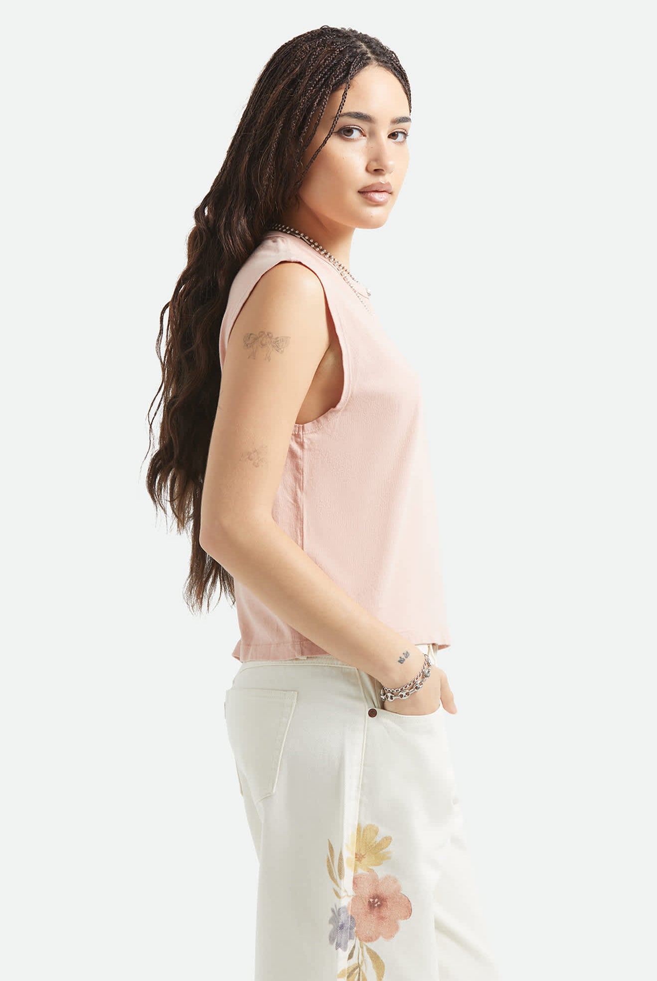 Women's Carefree Organic Garment Dye Muscle Tank in the color Silver Pink - Women's Side View