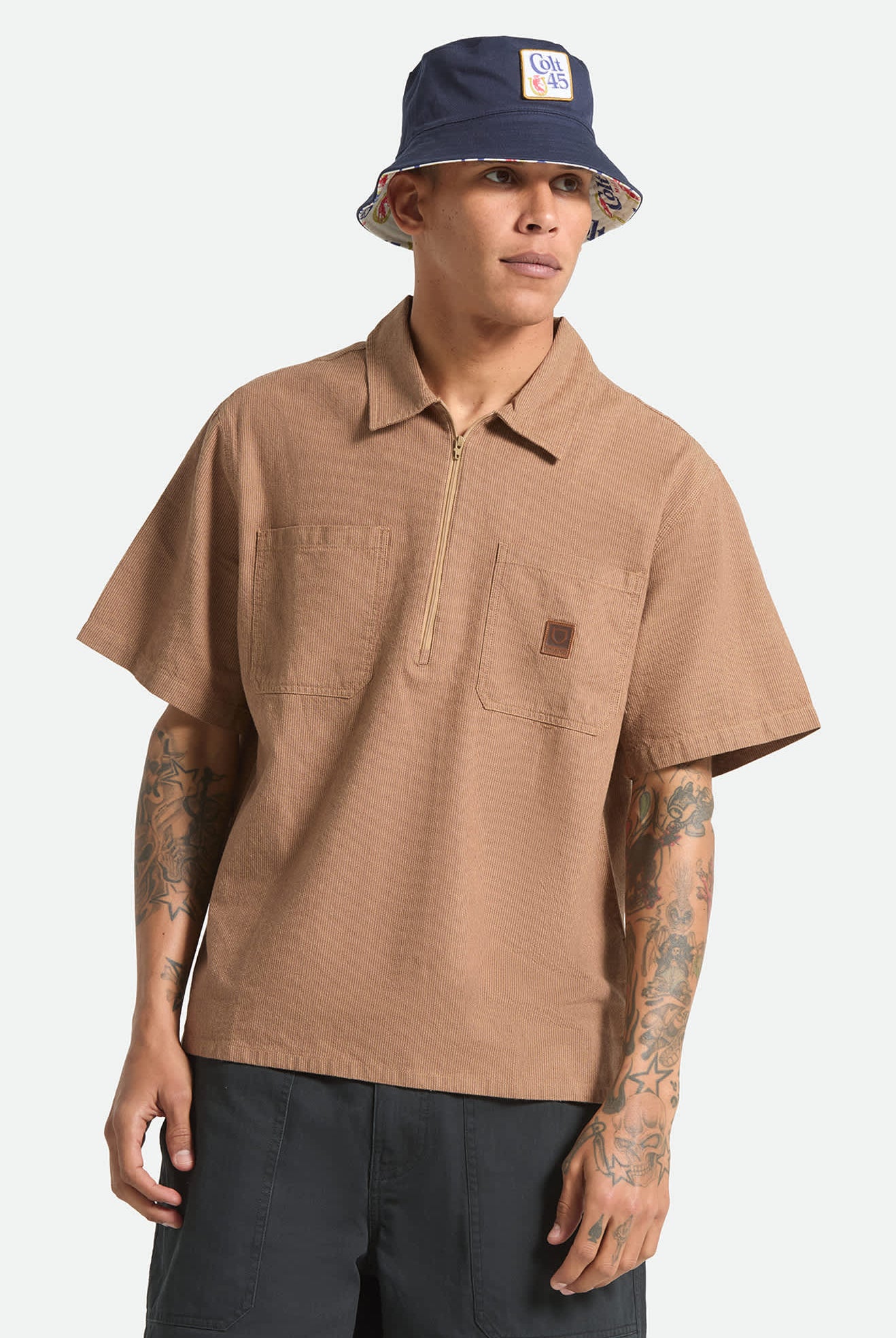 Men's Brakeman Half Zip Short Sleeve Shirt in the color Brown/Tan Stripe - Additional Fit image