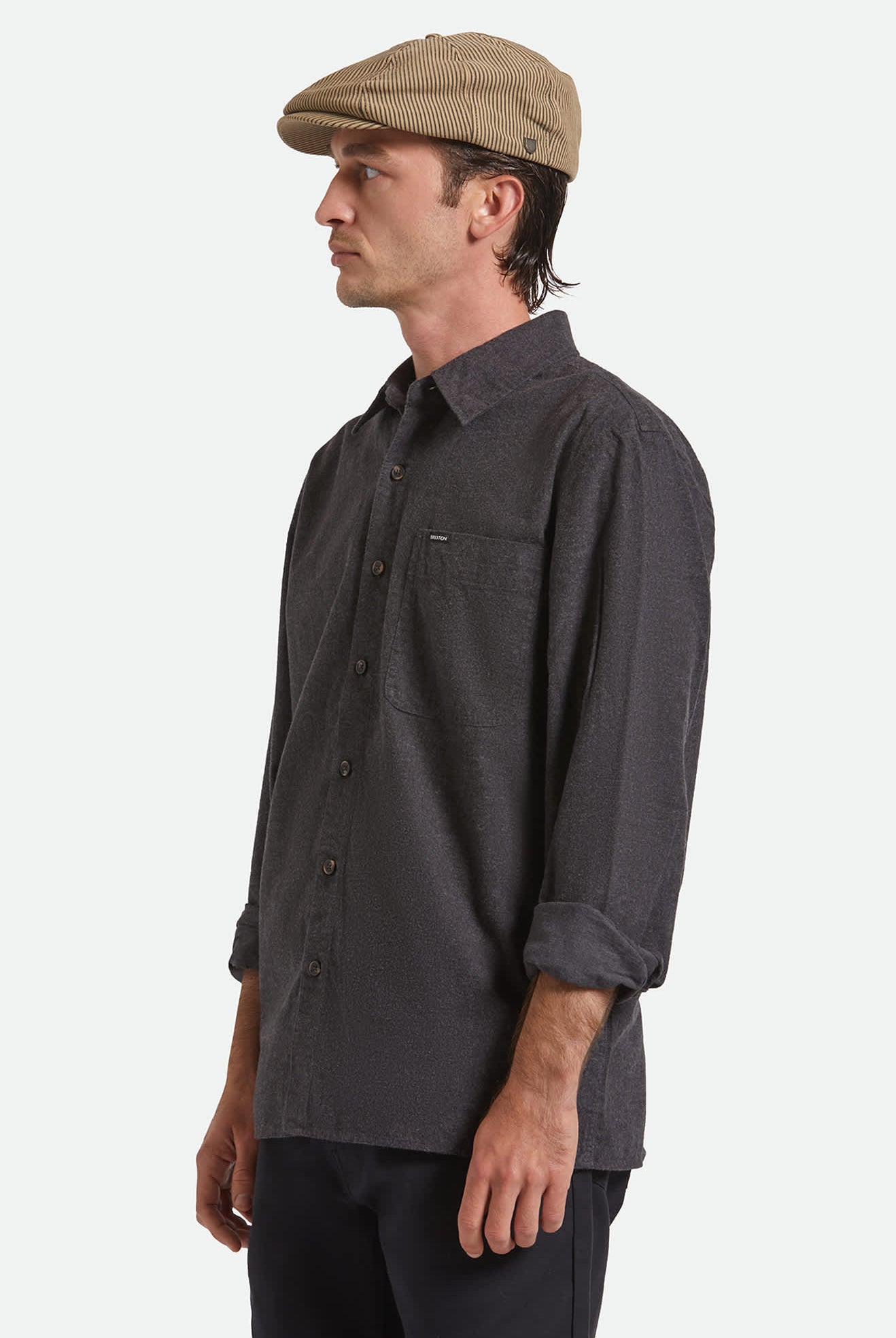 Unisex Brood Newsboy Cap in the color Dark Tan/Black Hickory Stripe - Men's Side View