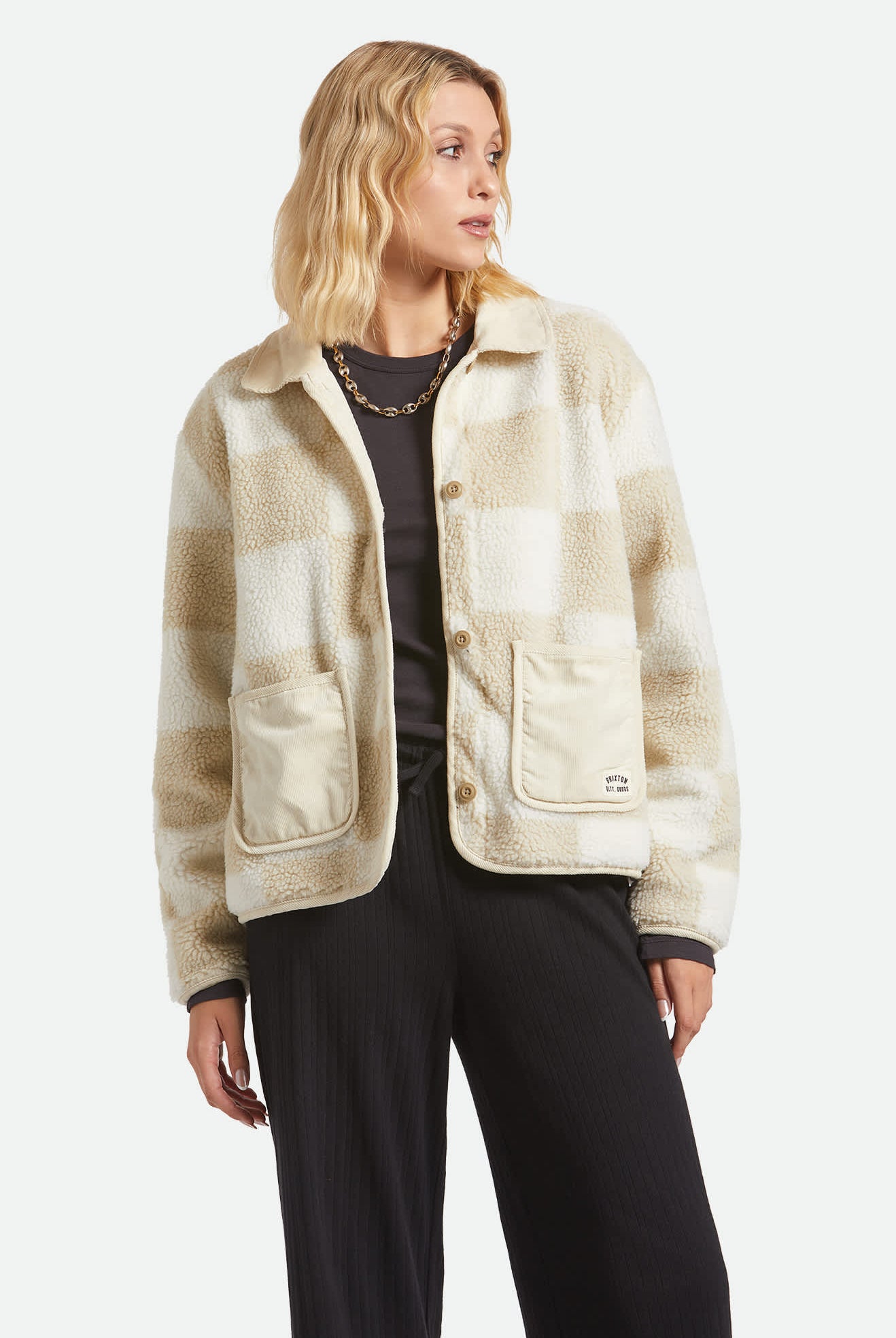 Women's Delilah Sherpa Jacket in the color White/Natural Finish Line Checker - Women's Front View