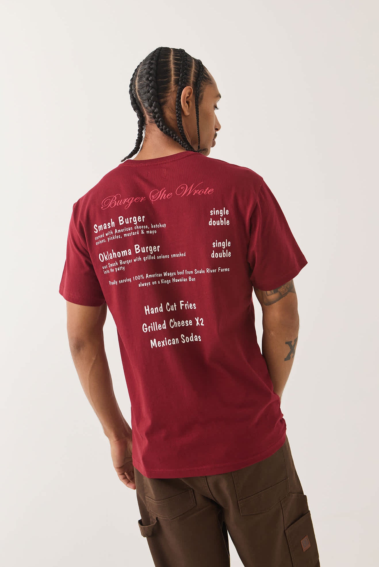 Men's Burger She Wrote Pocket T-Shirt in the color Burgundy - Men's Back View