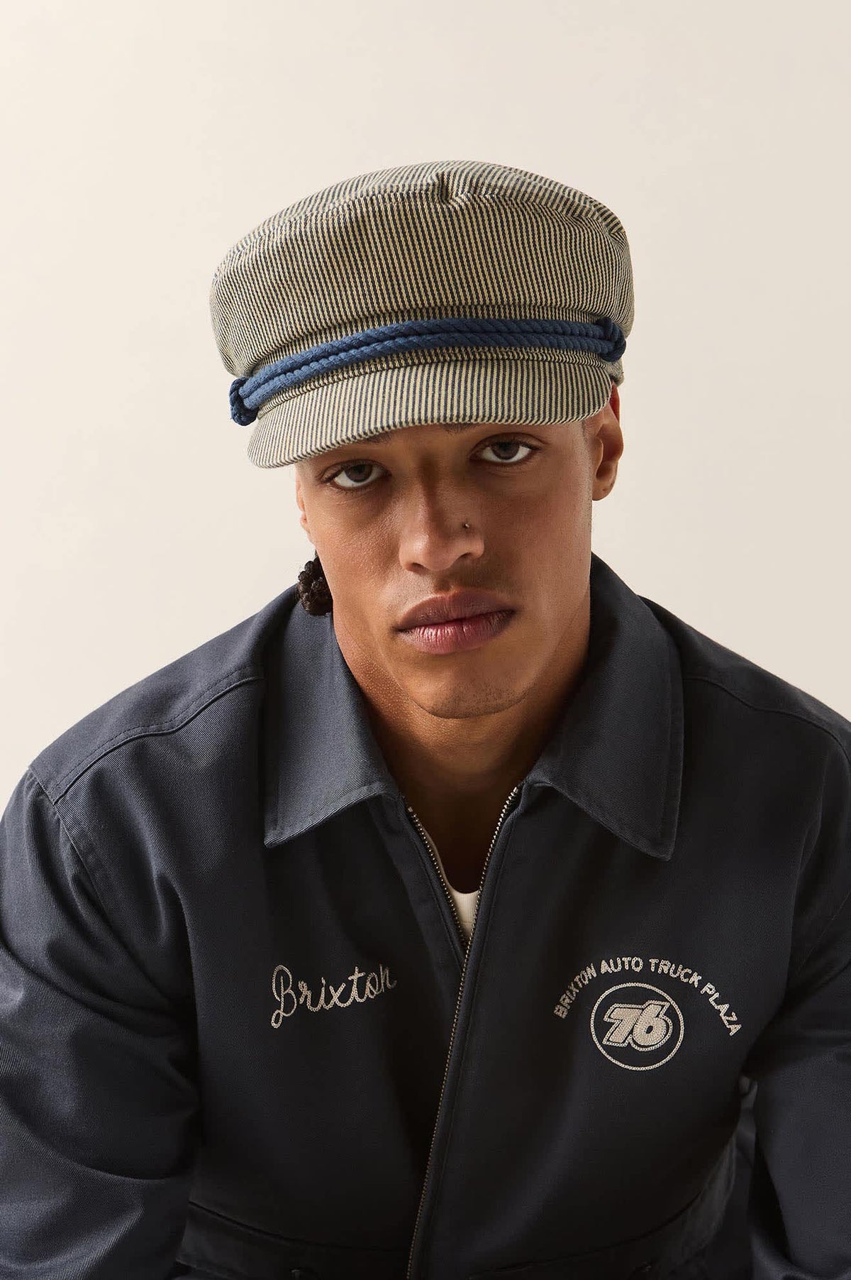 Unisex 76 Fiddler Fisherman Cap in the color Navy/Off White Hickory Stripe - Men's Front View
