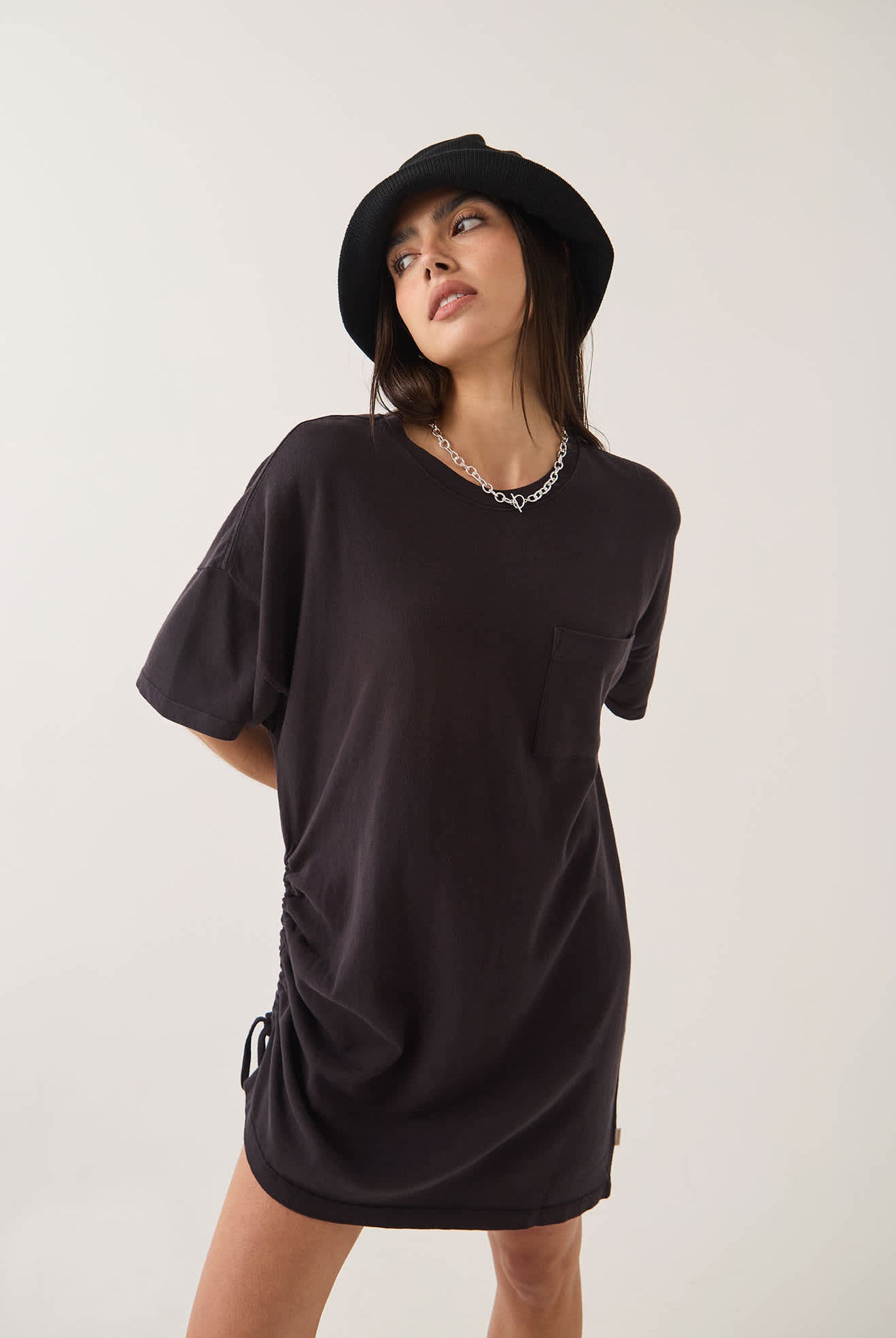 Women's Carefree Organic Garment Dye T-Shirt Dress in the color Black - Additional Fit image